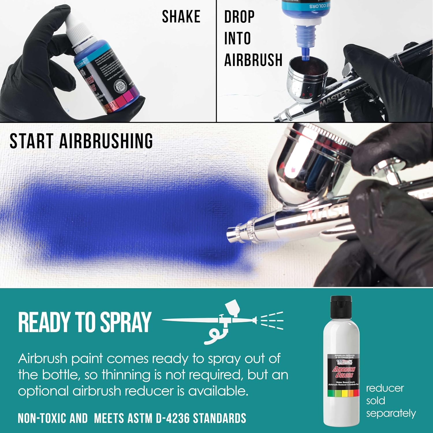 U.S. Art Supply Ready to Spray Opaque Aqua Blue Acrylic Airbrush Paint - 1oz Bottle, Professional Grade Non-Toxic Water-Based Colors for Vibrant & Permanent Results