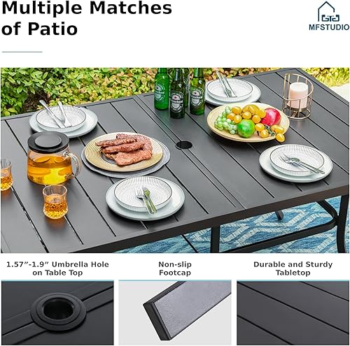 Miniatura 4 de MFSTUDIO Juego de comedor al aire libre para 6, mesa de patio de metal y sillas con agujero para paraguas, juego de comedor de 7 piezas para