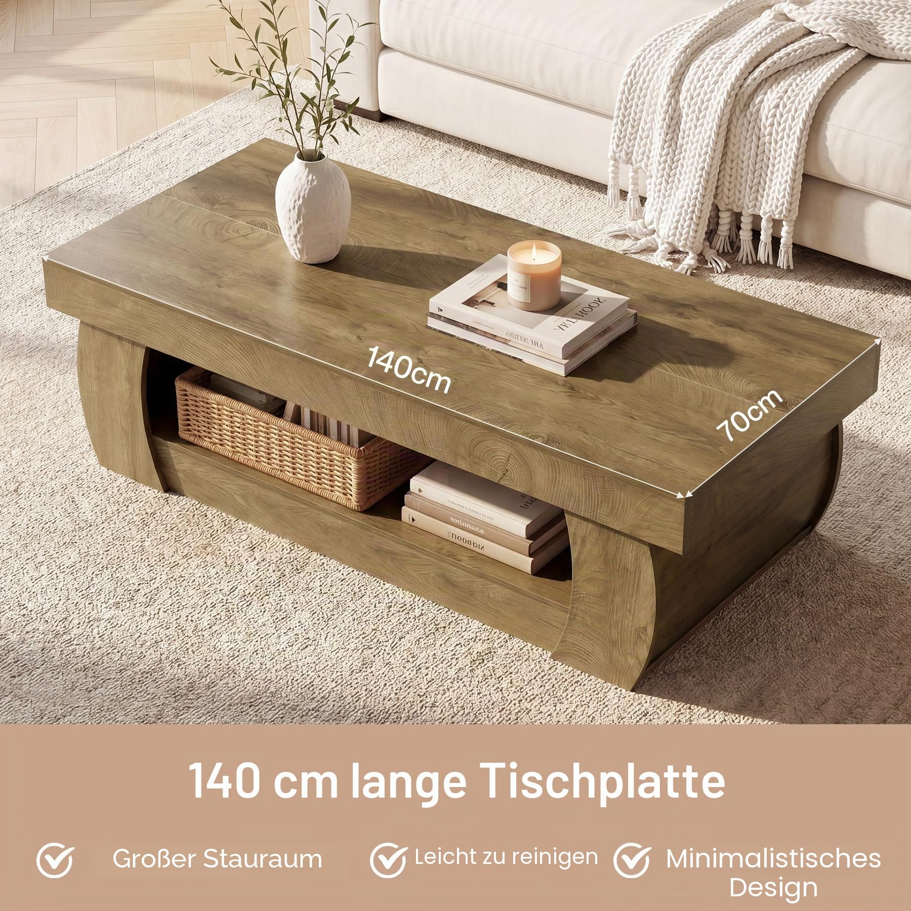 Tribesigns Couchtisch 140 cm mit Stauraum, Rechteckiger Couchtisch mit Ablage, 2 Ebenen Wohnzimmertisch im Landhausstil, Großer Sofatisch Holz für Wohnzimmer, Rustikal Braun, 140 x 70 x 45 cm
