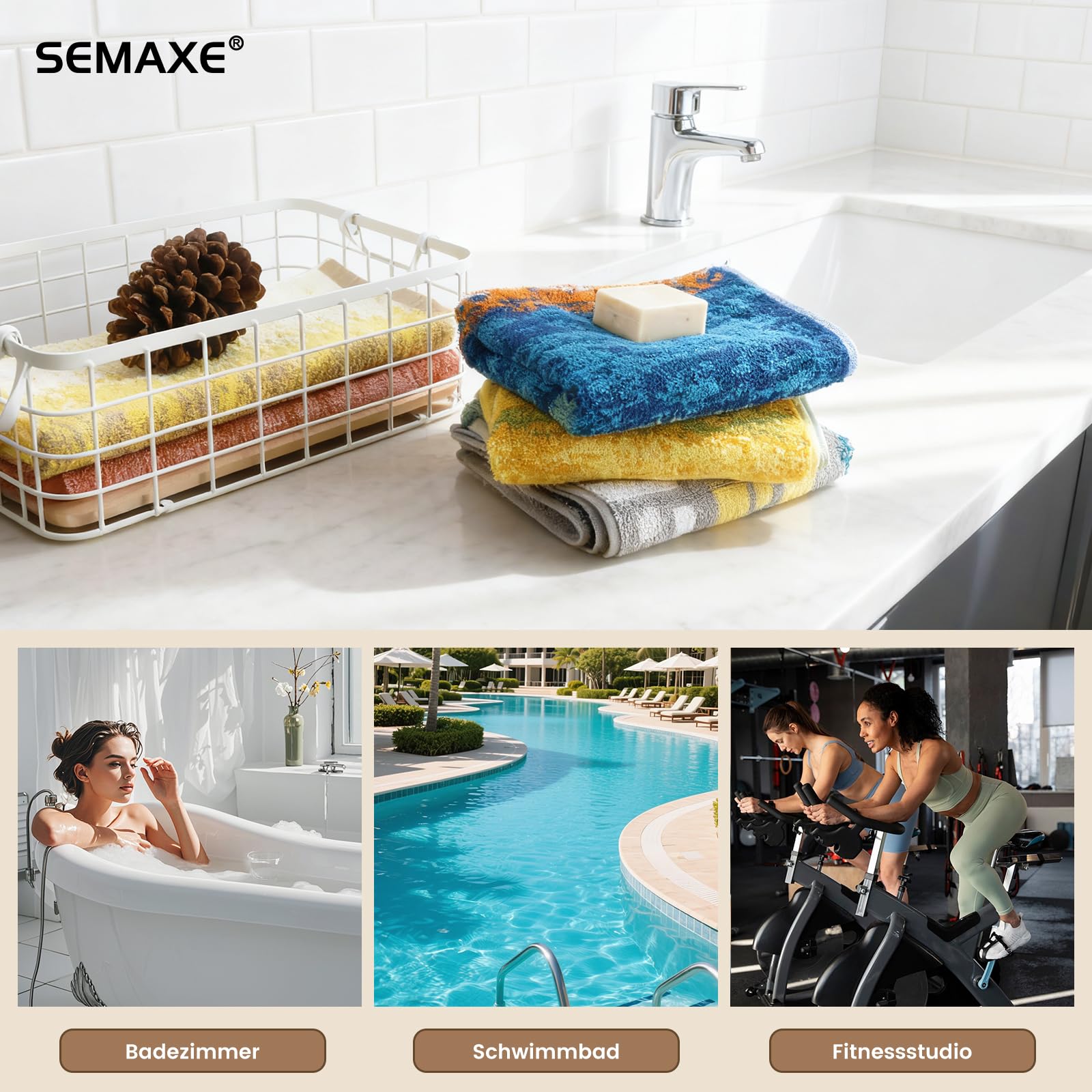 SEMAXE 12er-Handtücher Set im Skandinavischen Karo-Design, aus 100% Baumwolle, Oeko-TEX Zertifiziert, weich & saugstark, mit praktischen Aufhängebändern, in Geschenkbox