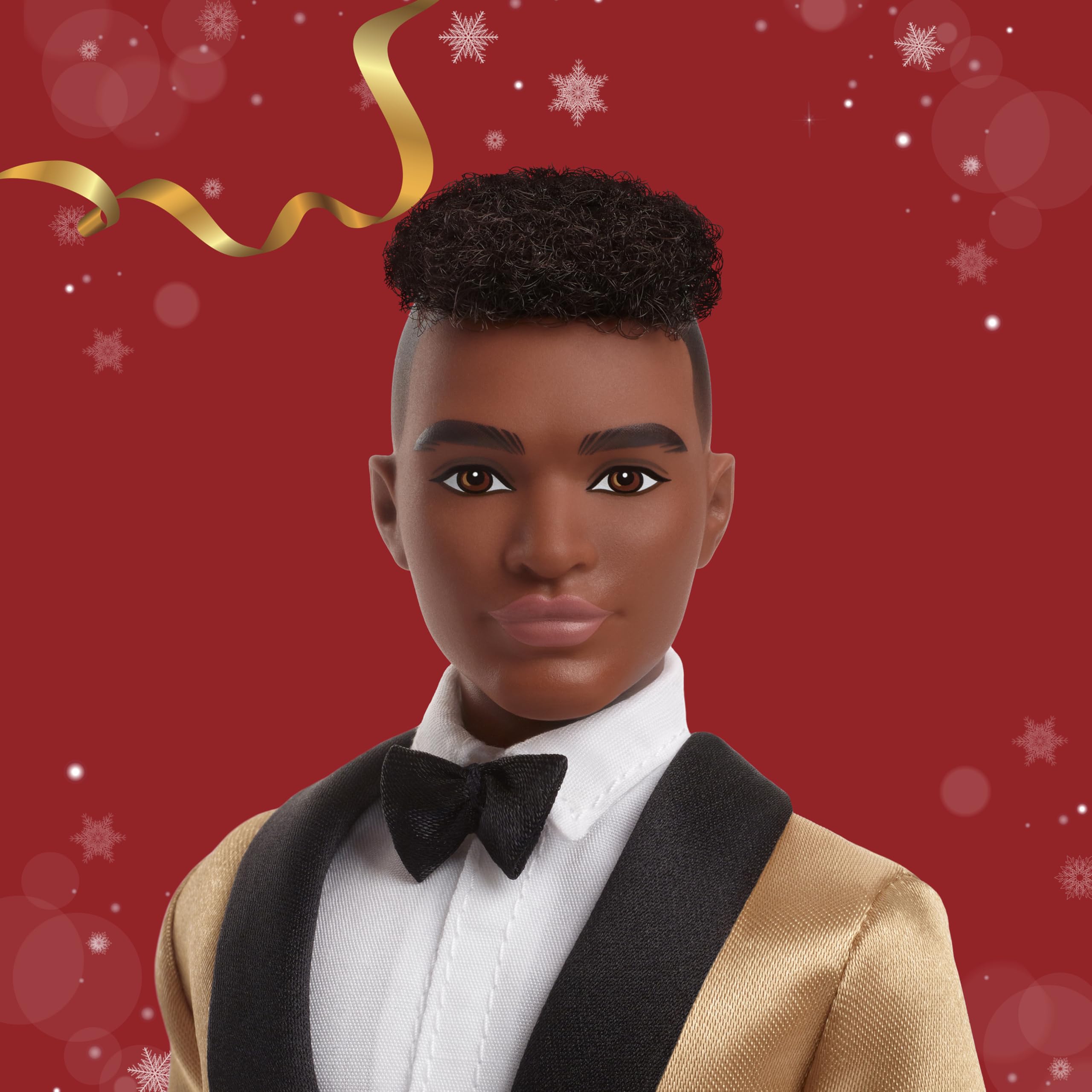 Barbie Signature 2025 Holiday Dark Brown Hair Ken Bambola da collezione alla moda indossa abito completo con giacca dorata in confezione visualizzabile e supporto per bambole