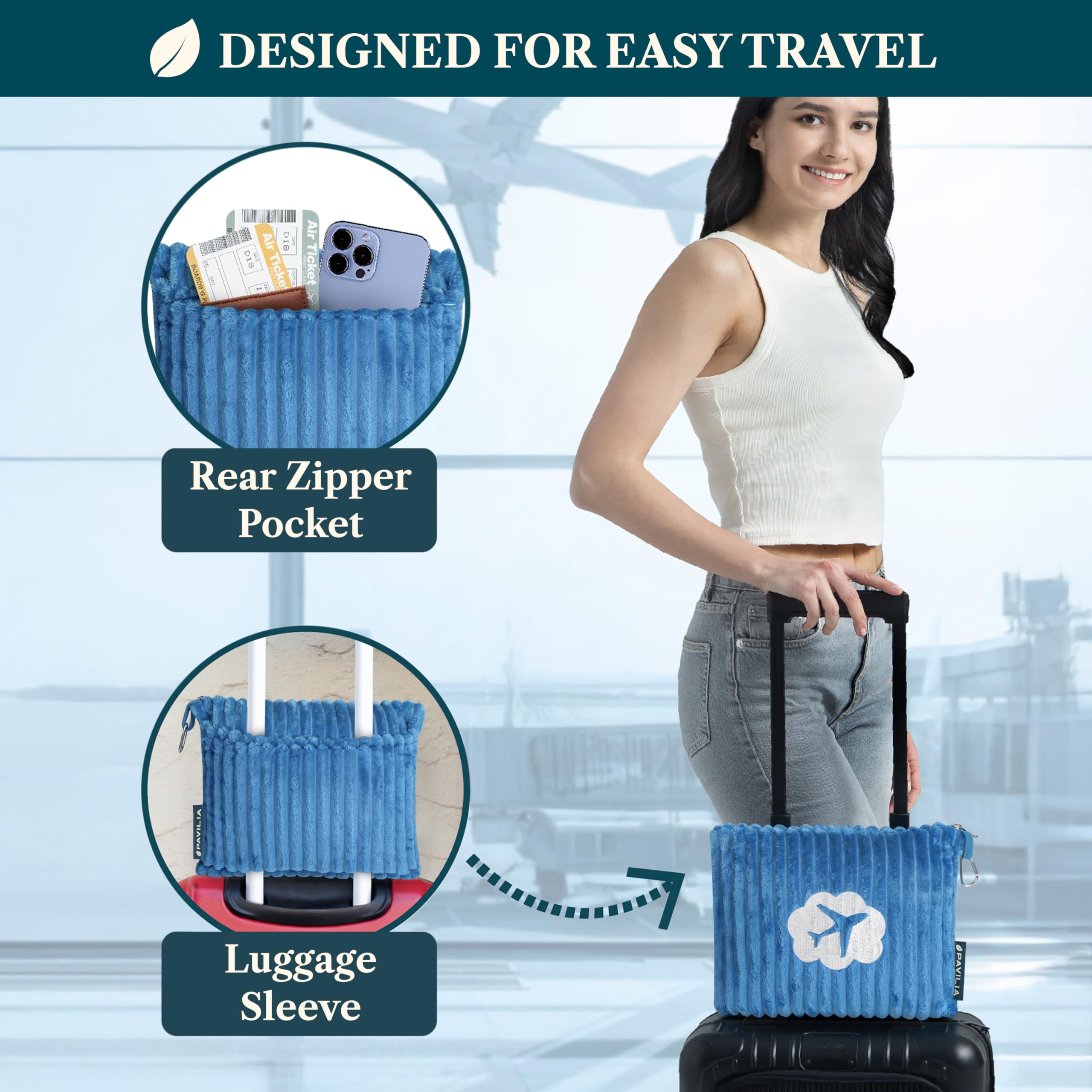 PAVILIA Almohada de Viaje en Bolsa Suave con Bolsillos, Juego de avión, compacta y Plegable, Almohada de Coche Flight Essentials, Regalos de Accesorios de Viajero, Correa de Equipaje, Turquesa, Azul