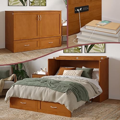 AFI Hamilton Full Murphy Bed Chest with Mattress, Storage, and Built-in Charger in Light Toffee