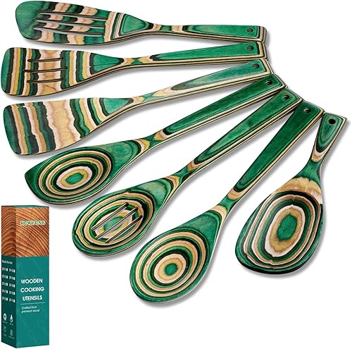 Cucharas de madera para cocinar, juego de utensilios de cocina de madera de Pakkawood, color oasis, utensilios de madera duraderos de alta calidad