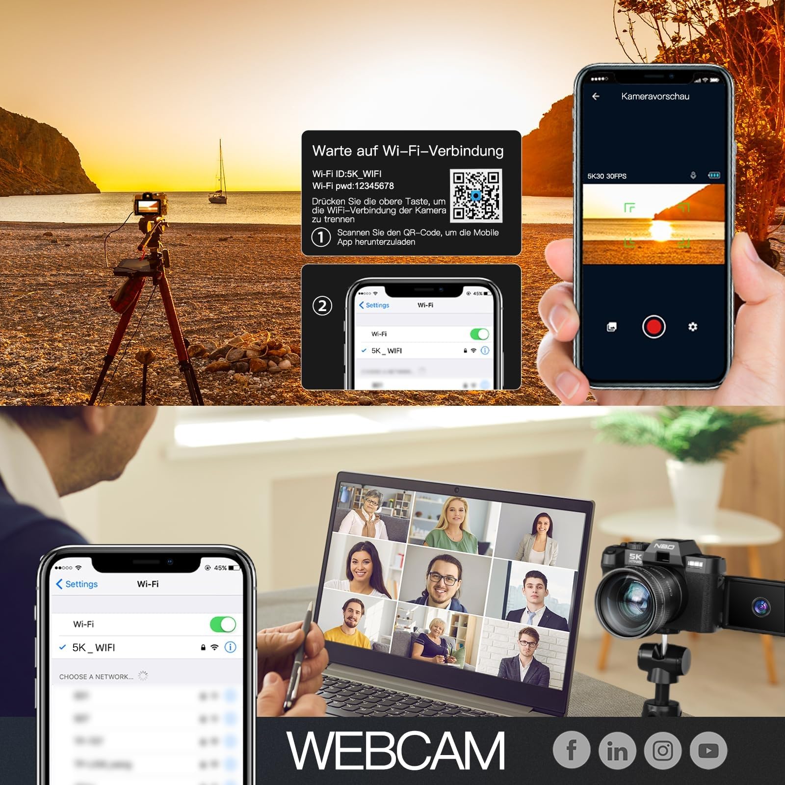 NBD 5K Digitalkamera 64MP mit Autofokus & 16X Zoom, 3" 180° klappbarem Display, WiFi – Inkl. Weitwinkel/Makro-Linse + Mikrofon + 64GB Karte + 2 Akkus (Schwarz)