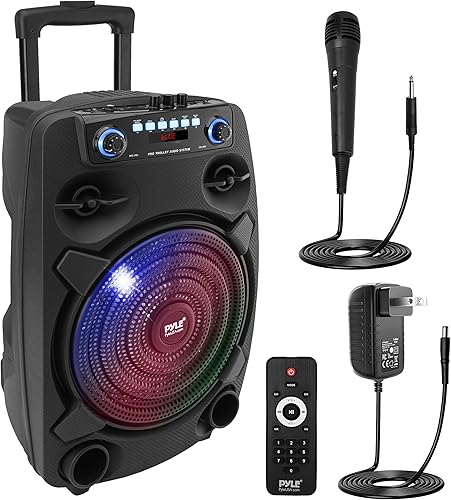 Pyle Sistema de altavoces PA Bluetooth portátil - 800 W 12 pulgadas altavoz Bluetooth para exteriores Sistema PA portátil - Luces de fiesta, lector