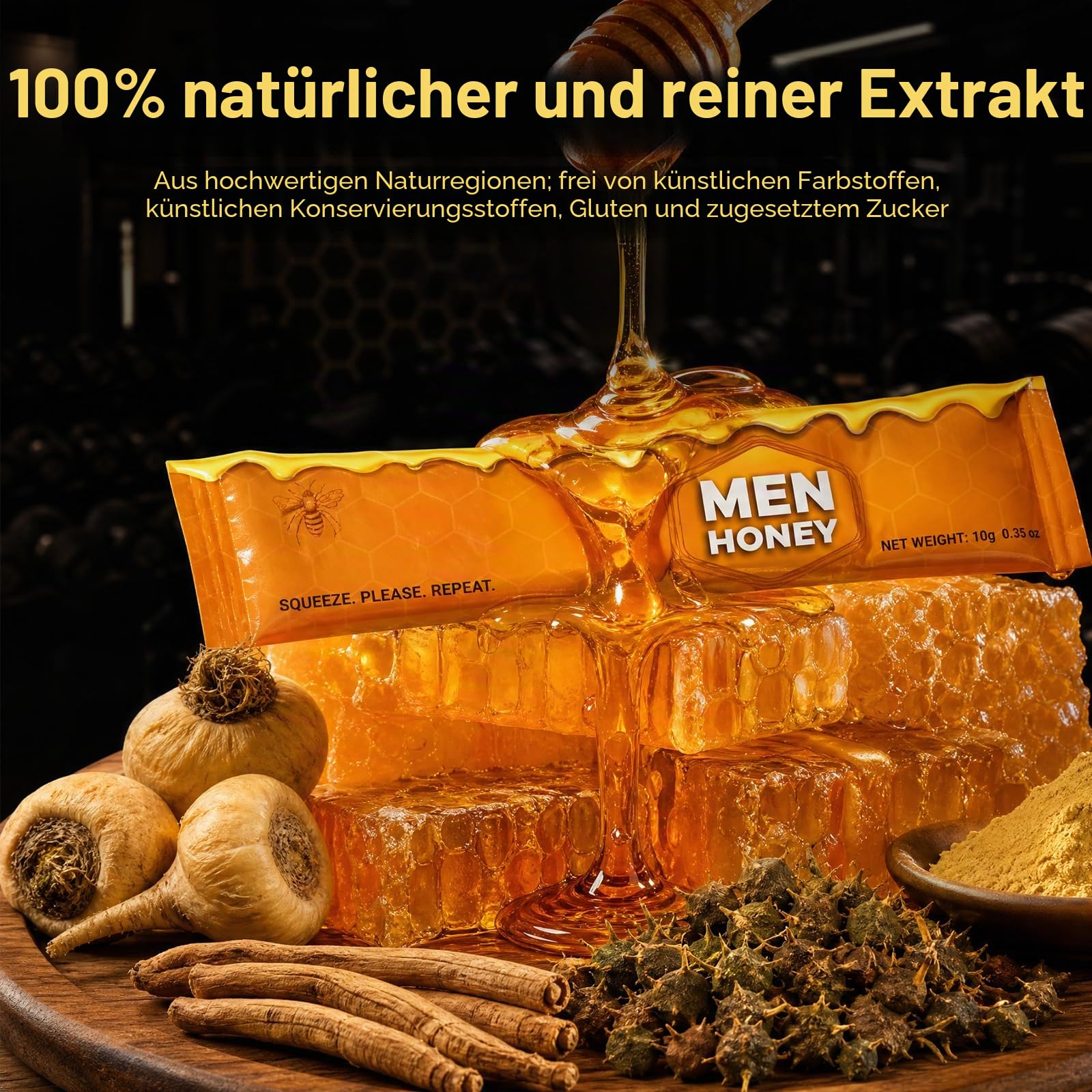 Premium Männer Honig Nahrungsergänzungsmittel, Natürliche Inhaltsstoffe mit Gelee Royale, Maca, L-Arginin, Ginseng & Zink, 24 Sachets à 10 g