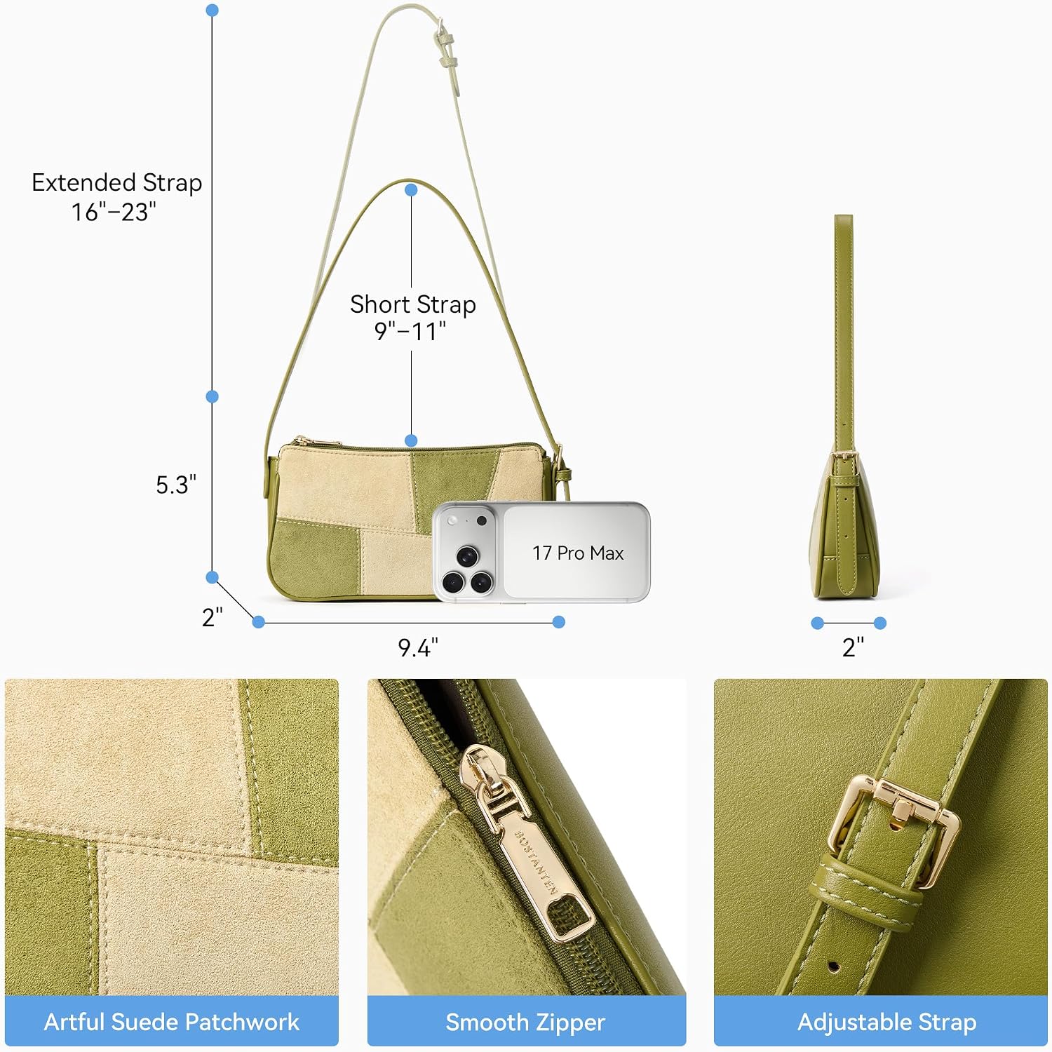 BOSTANTEN Patchwork Shoulder Bag for Women Y2K Small Purses Handbag | Soft Suede Leather,Lightweight,Vintage Style,Smooth Zipper,Adjustable Strap,for Weekends Commuting
