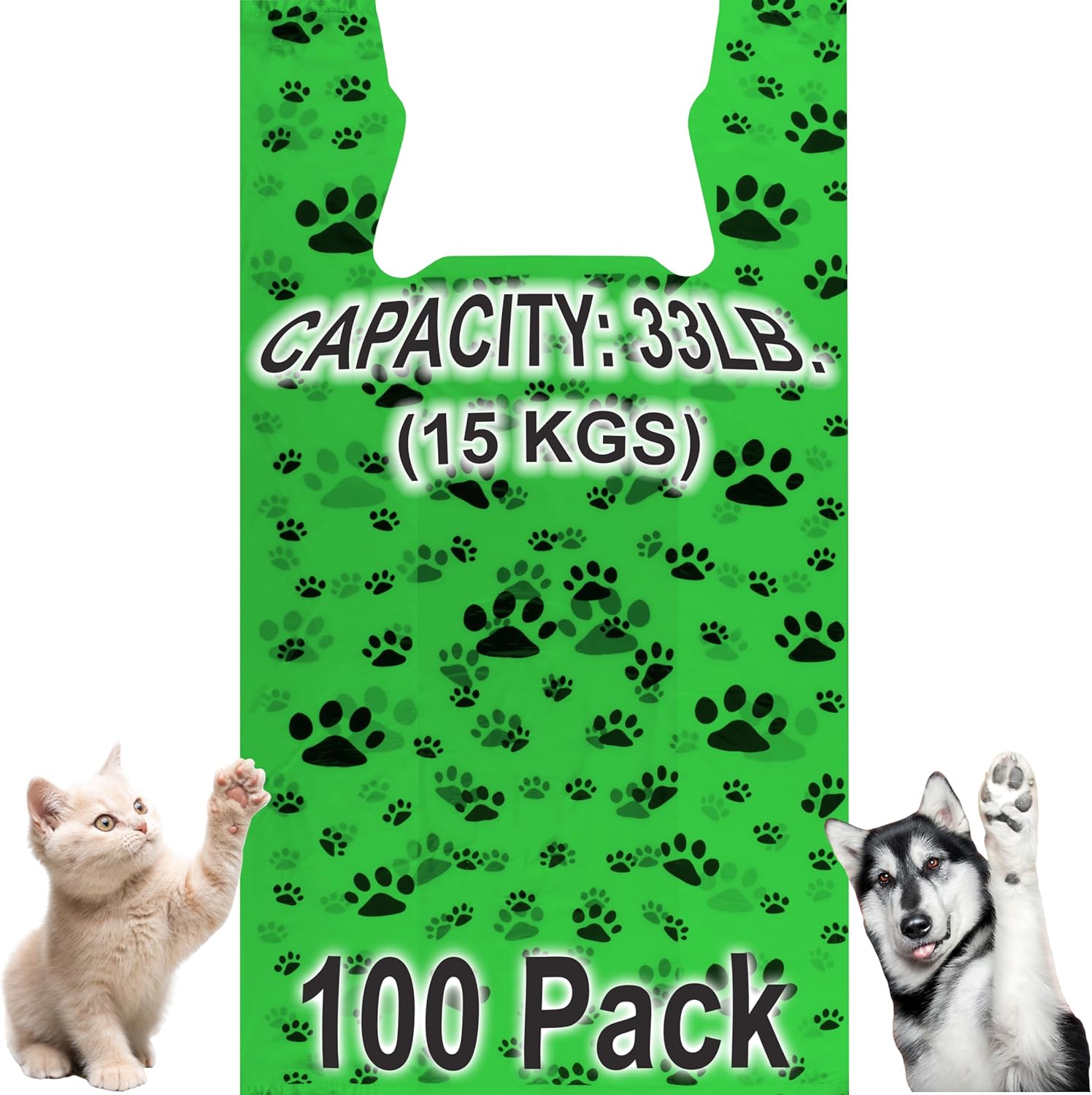 T-Shirt Bags – Paw Print Design Green Color - 100 Pack - Thank You & Shopping Bags - Cat or Dog - 22" L x 12" W x 7" Plastic