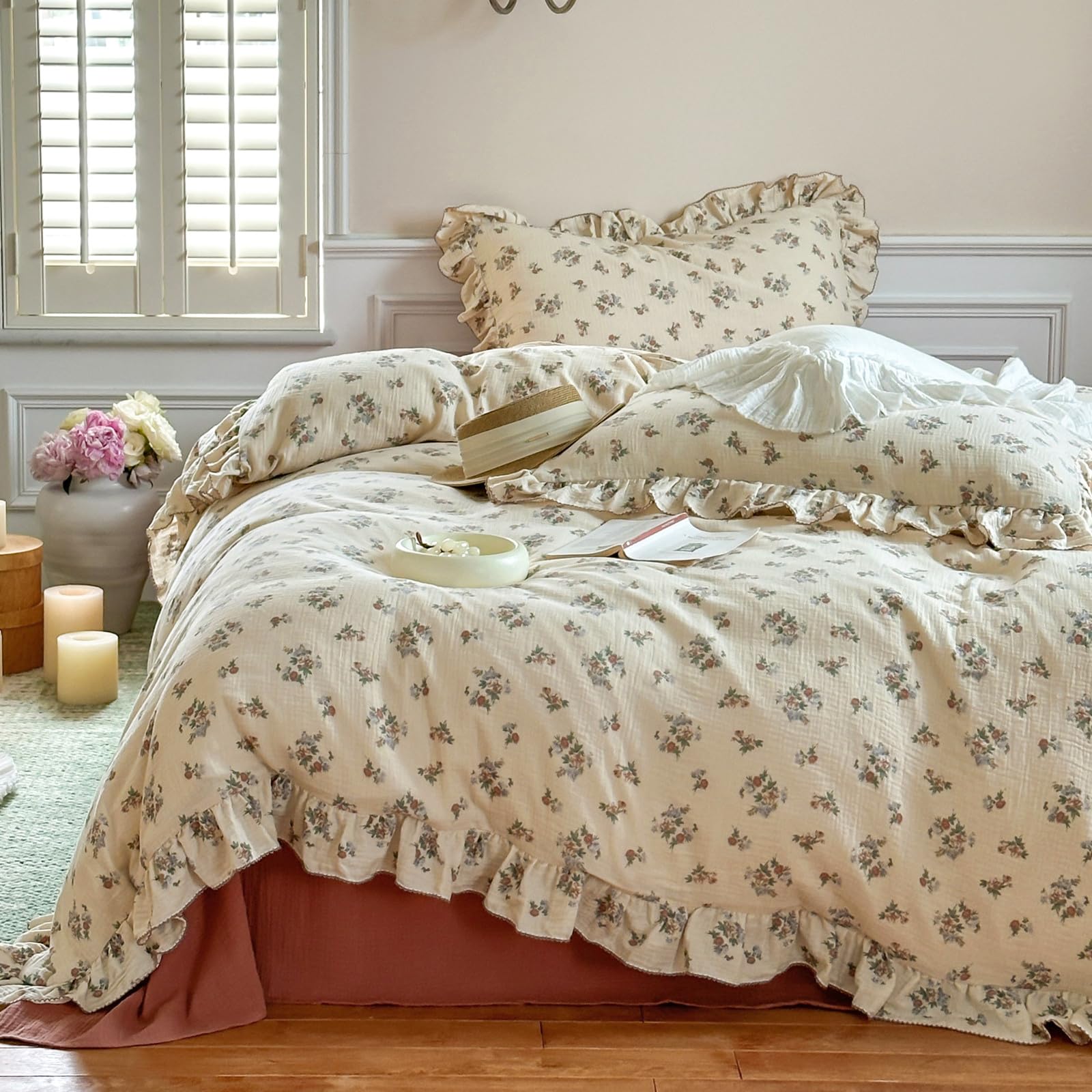 VM VOUGEMARKET 100% Muslin Cotton Duvet Cover Set Twin for Teen Girls,Vintage Flower Comforter/Quilt Cover with Romantic Ruffles,Soft, Breathable &amp; Lightweight