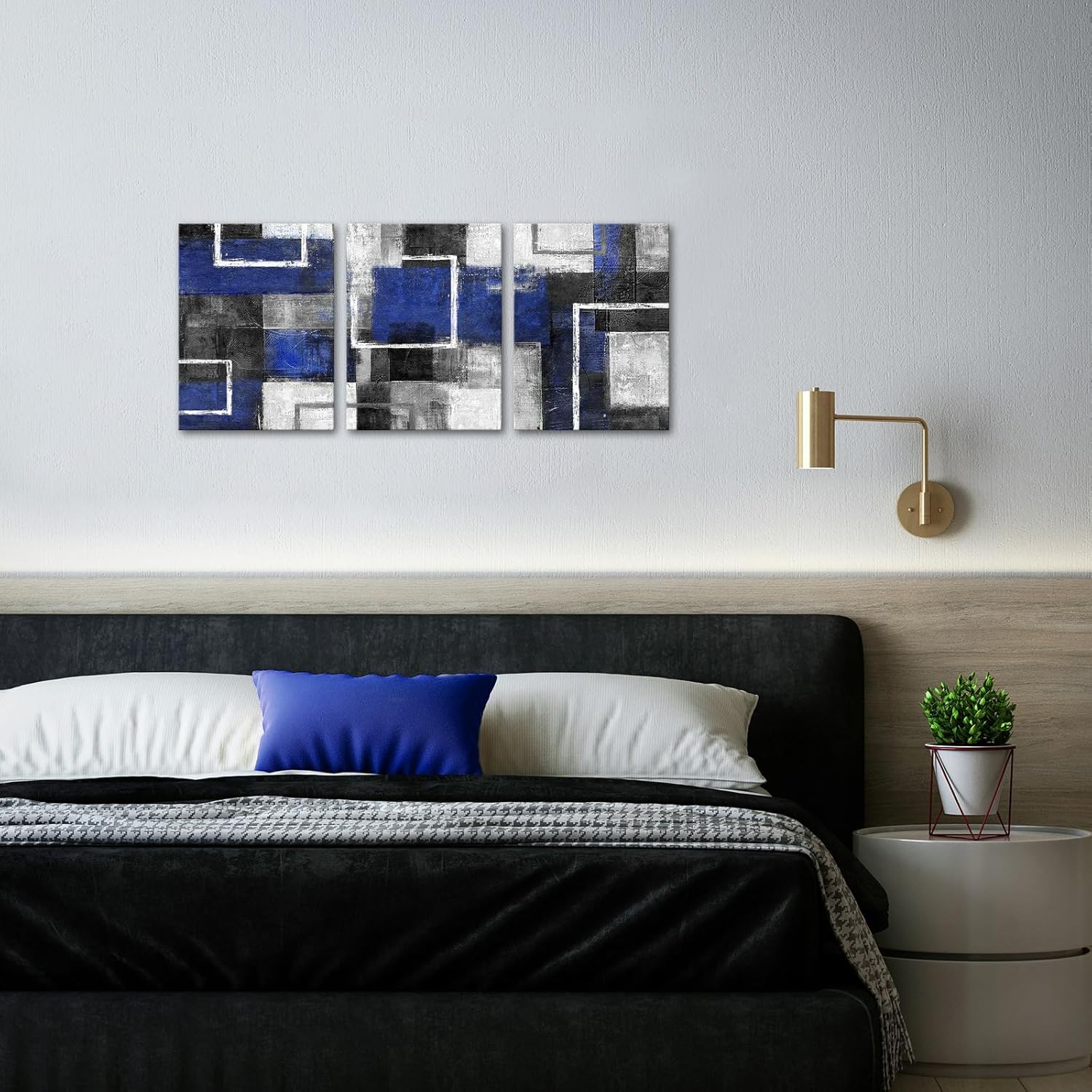 WELMECO Abstract Wall Art Geometric Line Painting Picture Bathroom Bedroom Wall Decor 12"x16"x3 Pieces (Blue)