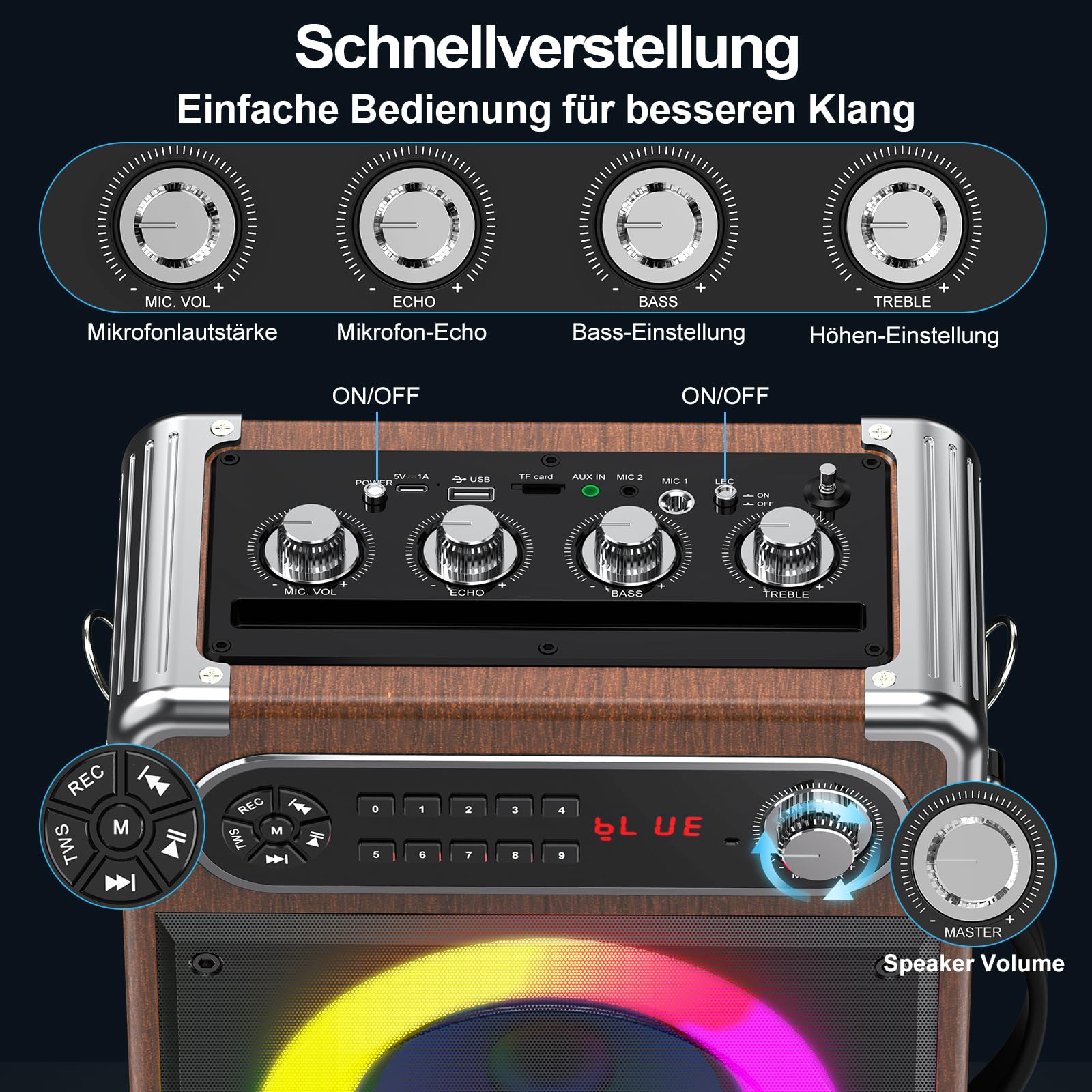 JYX Karaoke Maschine, Karaoke Anlage mit 2 Mikrofonen, Tragbare Bluetooth 5.3 Karaoke Box, 80W PA Anlage mit RGB-Lichtern, Bass/Höhen/Echo, TWS/FM/TV/AUX/USB/TF/REC für Familie, Party, Outdoor(Wood)