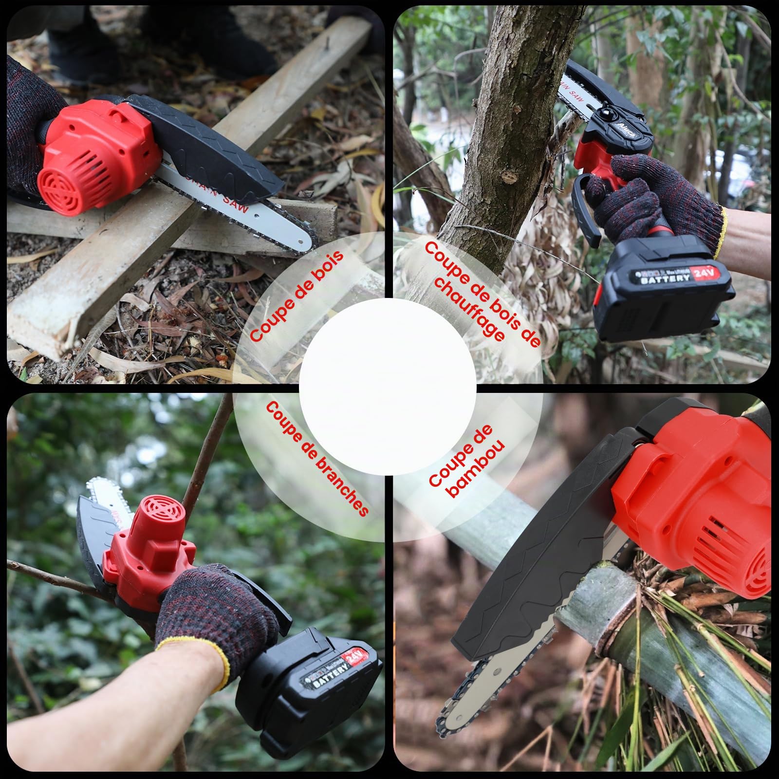Mini Tronçonneuse 6 Pouces 24V – 2 Batteries & 2 Chaînes Incluses | Moteur Cuivre 550W, Coupe 15 cm en 6s. 2 Batteries 4000mAh pour 90 min D’autonomie.Idéale pour Jardin, élagage et Camping.