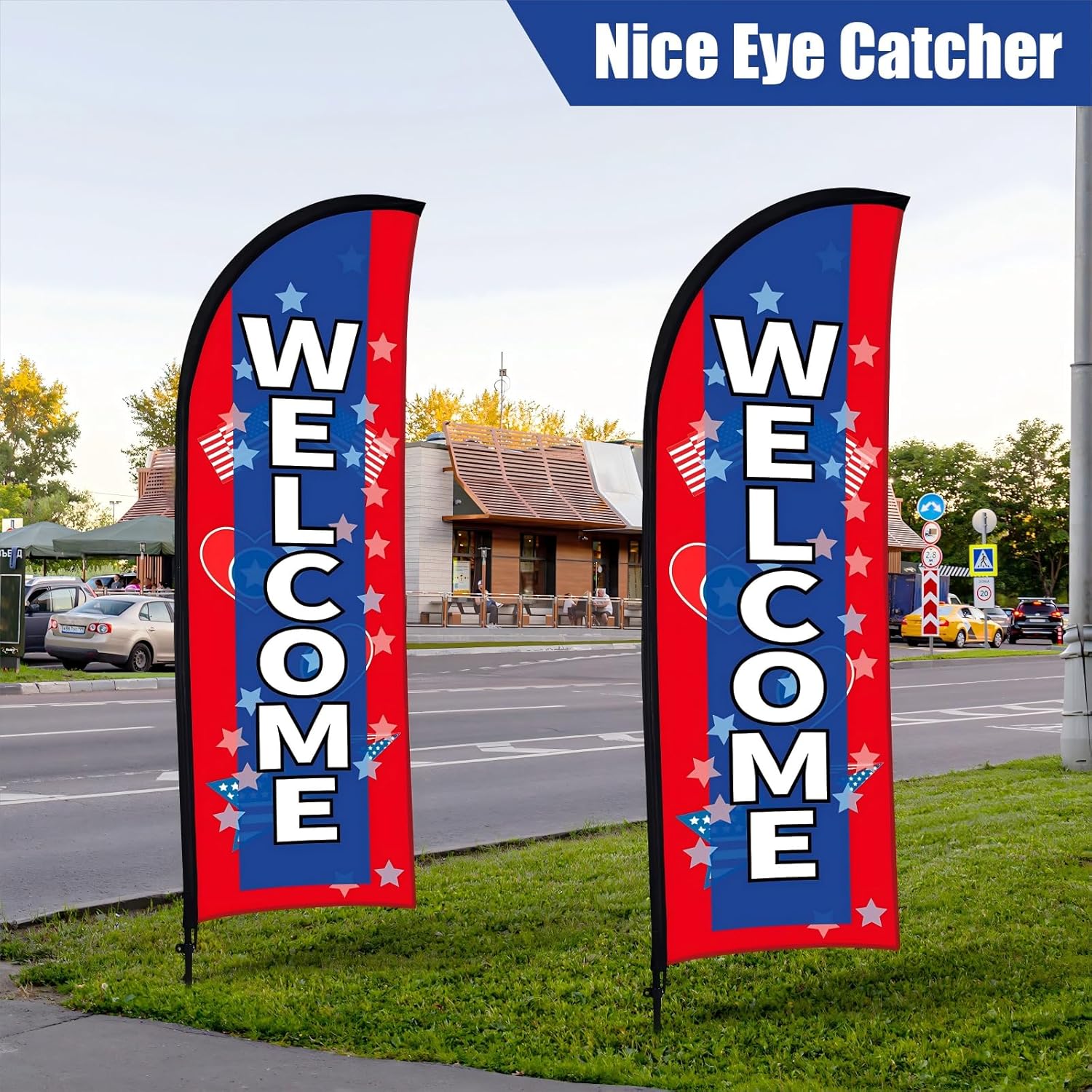Buryeah 2 Sets Welcome Feather Flag Sign Kit 8 ft Welcome Banners Swooper Flag with Fiberglass Poles and Point Stake for Outdoor Business and Events Promotion(American Style,Red, Blue)