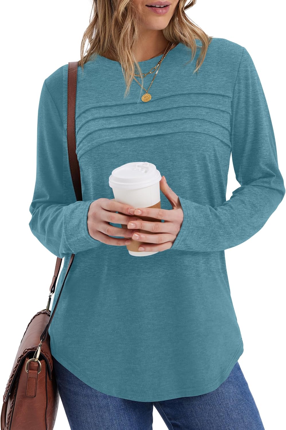 XIEERDUO Women’s Pleated Tunic Tops Fall Long Sleeve Blouses Fashion Curved Hem Shirts Dressy Casual S-3XL