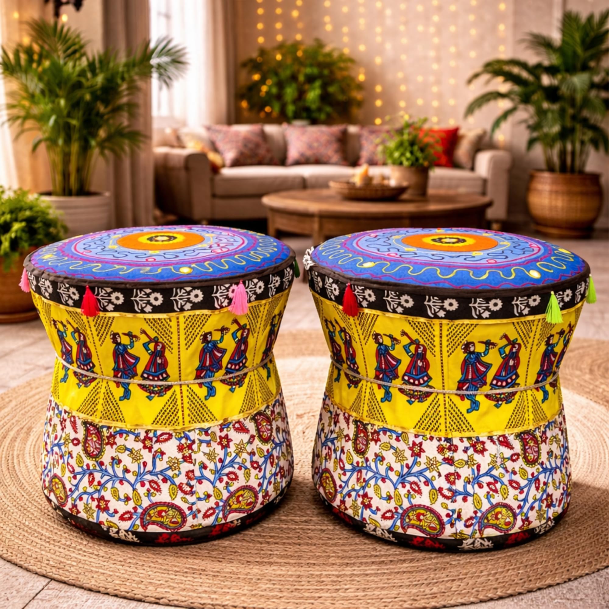 Yellow Dancing Duo Folk Traditional Boho Pouffe Ottoman Cover Round Mandala Print Cotton Footstool Set of 2 Pieces Cover ONLY-image-25