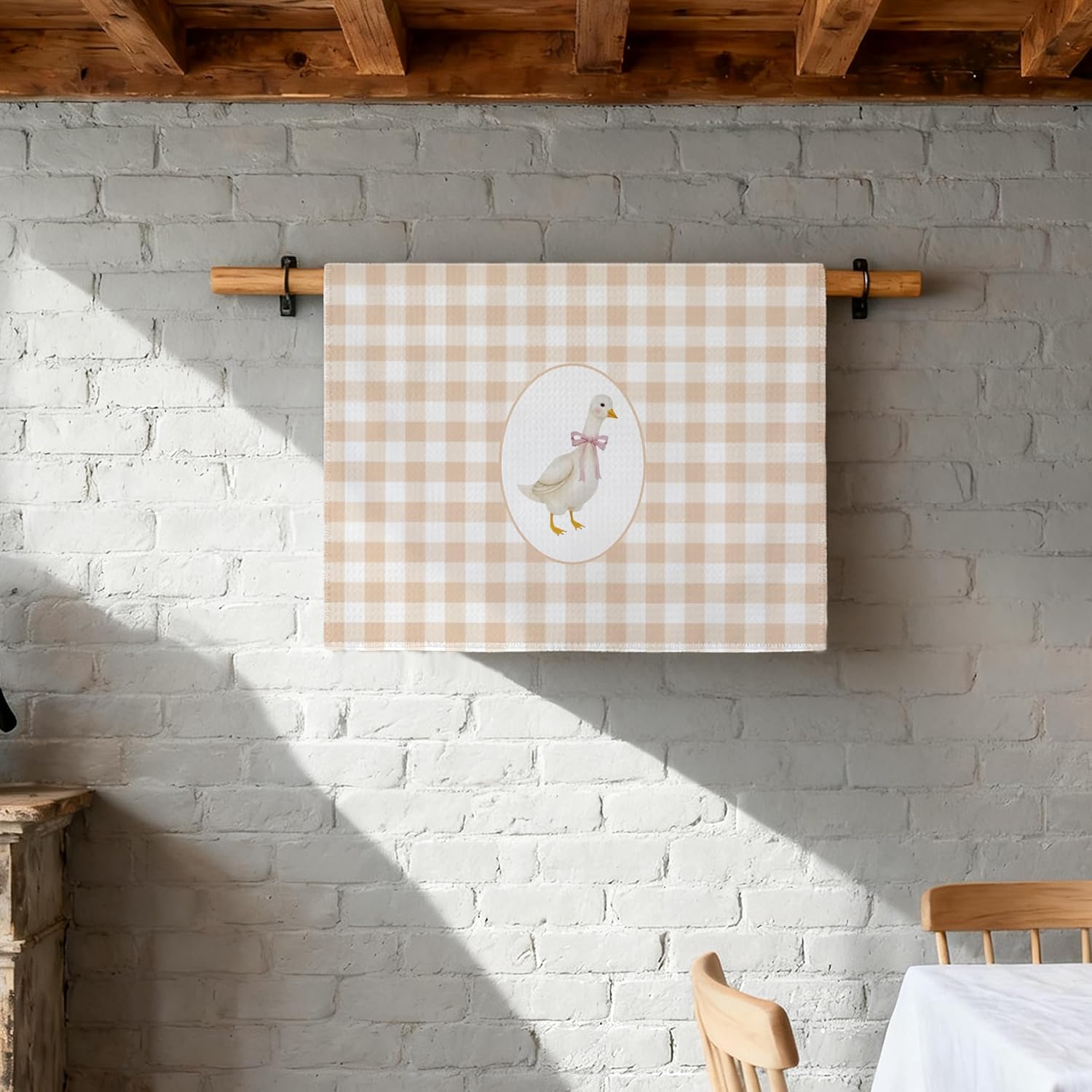 Farmhouse Goose Kitchen Towels Set of 2, Goose Decor Beige Gingham Checkered Dish Tea Towels, Coquette Pink Bow Goose Nursery Hand Towels for Bathroom Kitchen Decor, 16x24 Inch