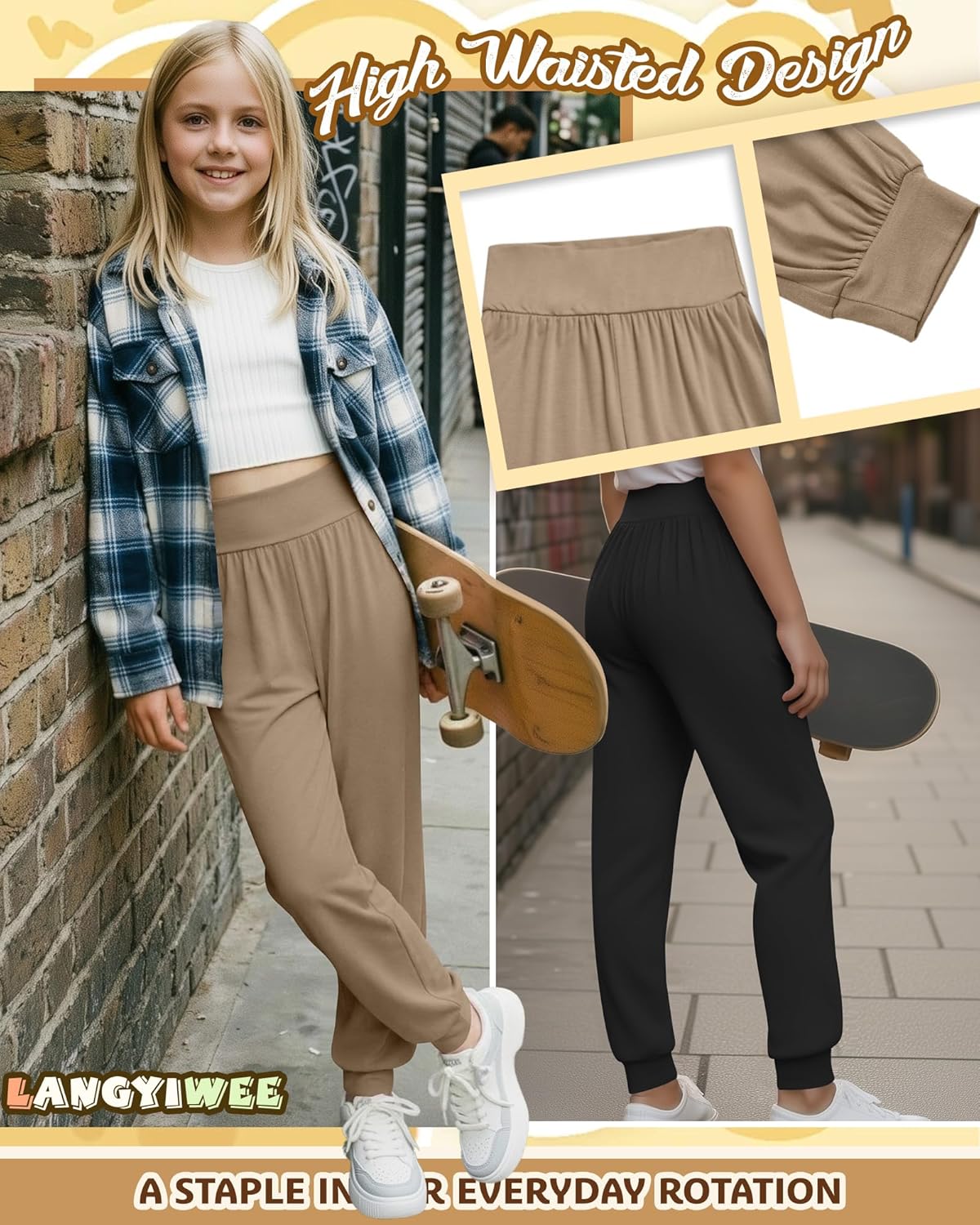 3 Pack Girls' Jogger Pants High Waisted Athletic Sweatpants for Kids Casual Soft Cuff Joggers Ages 5-14 - Image 5