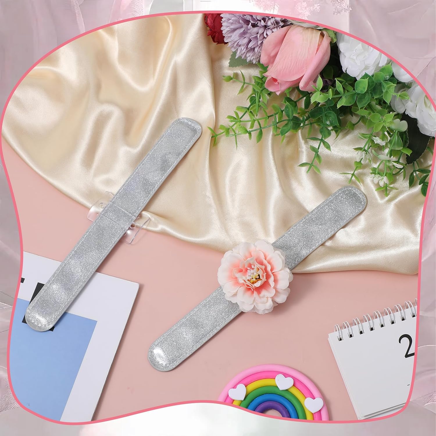 20 Pcs Slap Bracelet Corsage Bands, Corsage Wristlet Band Silver, Corsage Slap Wristlet Band Bulk for Wedding Bridal Shower Prom Party Supplies DIY Floral Slaplets