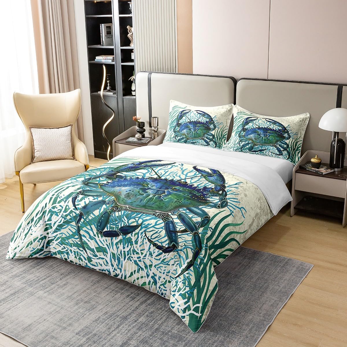 Feelyou Crab Printed Bedding Set King Size Kids Summer Theme Comforter Cover Set for Boys Girls Teens Marine Themed 100% Cotton Duvet Cover Underwater Animal Bedspread Cover Ocean Creature Quilt Cover
