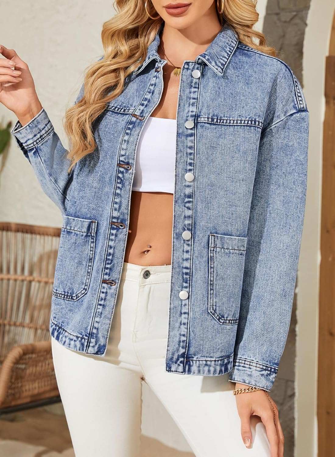 Sidefeel Women‘s Jean Jacket Casual Long Sleeve Button Down Oversized Boyfriend Trendy Denim Jacket Coat - Image 4