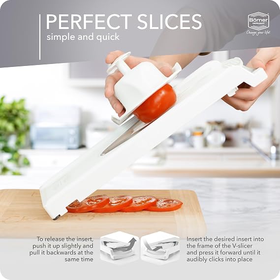 Borner Mandoline Slicer V3 (Starter Set) V-Slicer for 5 Cutting Styles with Fruit Holder Adjustable Vegetable Slicer for Vegetables & Fruits Stainless Steel V-Blade Color: White