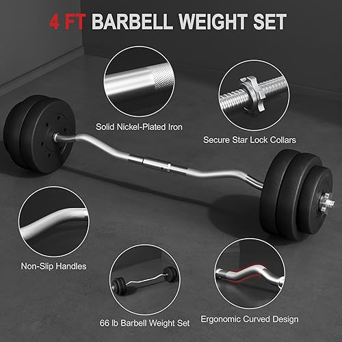 Miniatura 7 de Yaheetech Juego de mancuernas olímpicas y pesas (66 libras, 55 libras, 44 libras) con acabado cromado y color negro