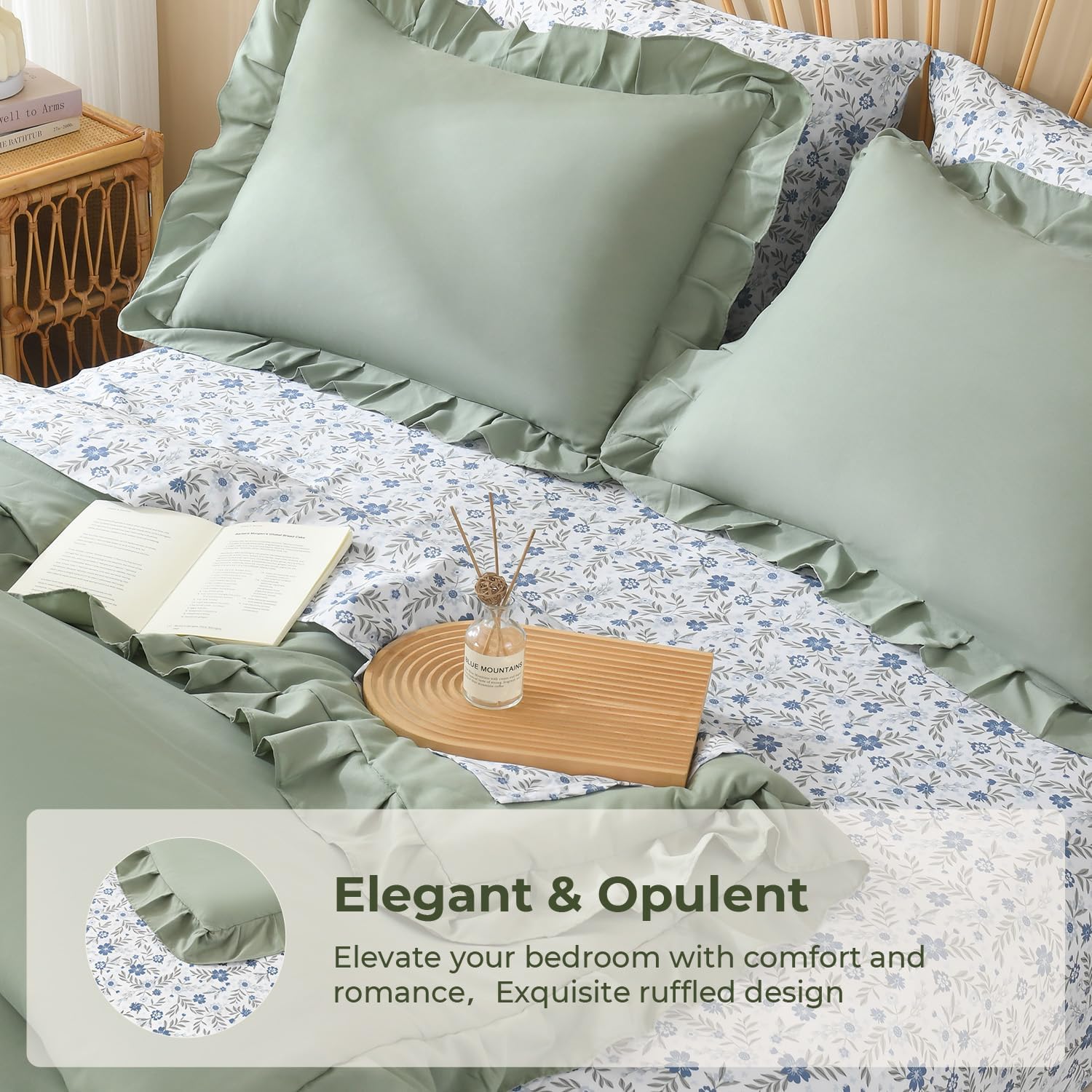Litanika 7Pcs Full Ruffled Sage Green Comforter Set with Floral Sheets