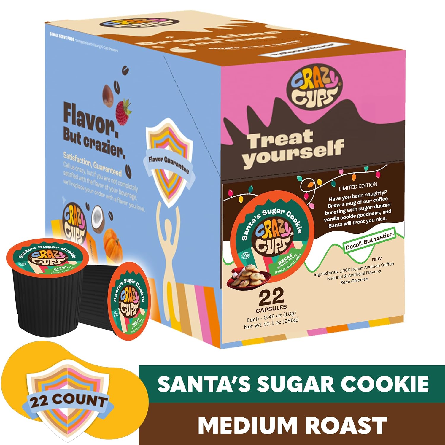 Crazy Cups Decaf Flavored Coffee Pods, Santa's Sugar Cookie, Decaf Holiday Coffee Pods, Single Serve for Keurig K Cups Machines, Medium Roast, 22 Count (Pack of 2)