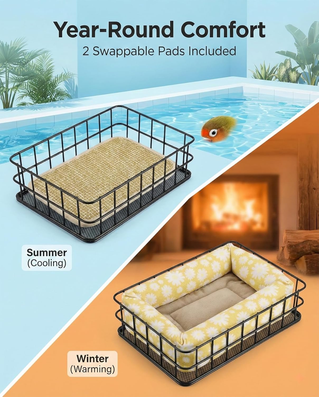 ANZOME Metal Bird Nest Bed for Cage – Sturdy Anti-Collapse Hammock with Mesh Bottom & 2 Washable Mats (Winter Fleece + Summer Cooling) – Elevated Perch Platform for Conures, Cockatiels, Parakeets
