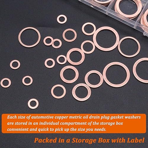 Miniatura 4 de Seamaka 360 piezas de arandelas de aplastamiento para tapón de drenaje de aceite, kit surtido de 18 tamaños de arandelas de aplastamiento de cobre,