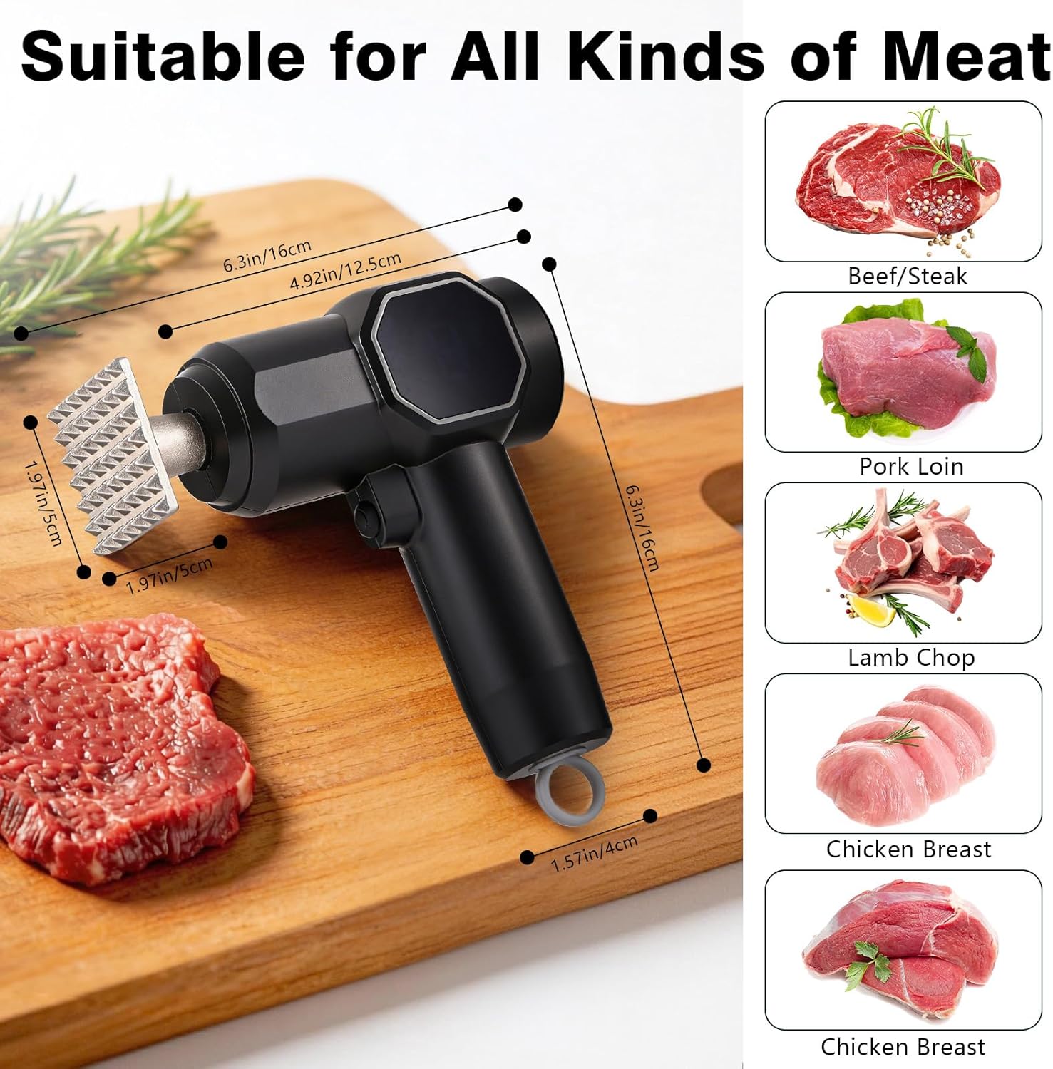 Electric Meat Tenderizer Tool, Meat Mallet with 5 Adjustable Levels, Stainless Steel Detachable Head, 3000mAh Battery for Beef Steak Pork Chicken Chops Kitchen Utensils, Head Dishwasher Safe