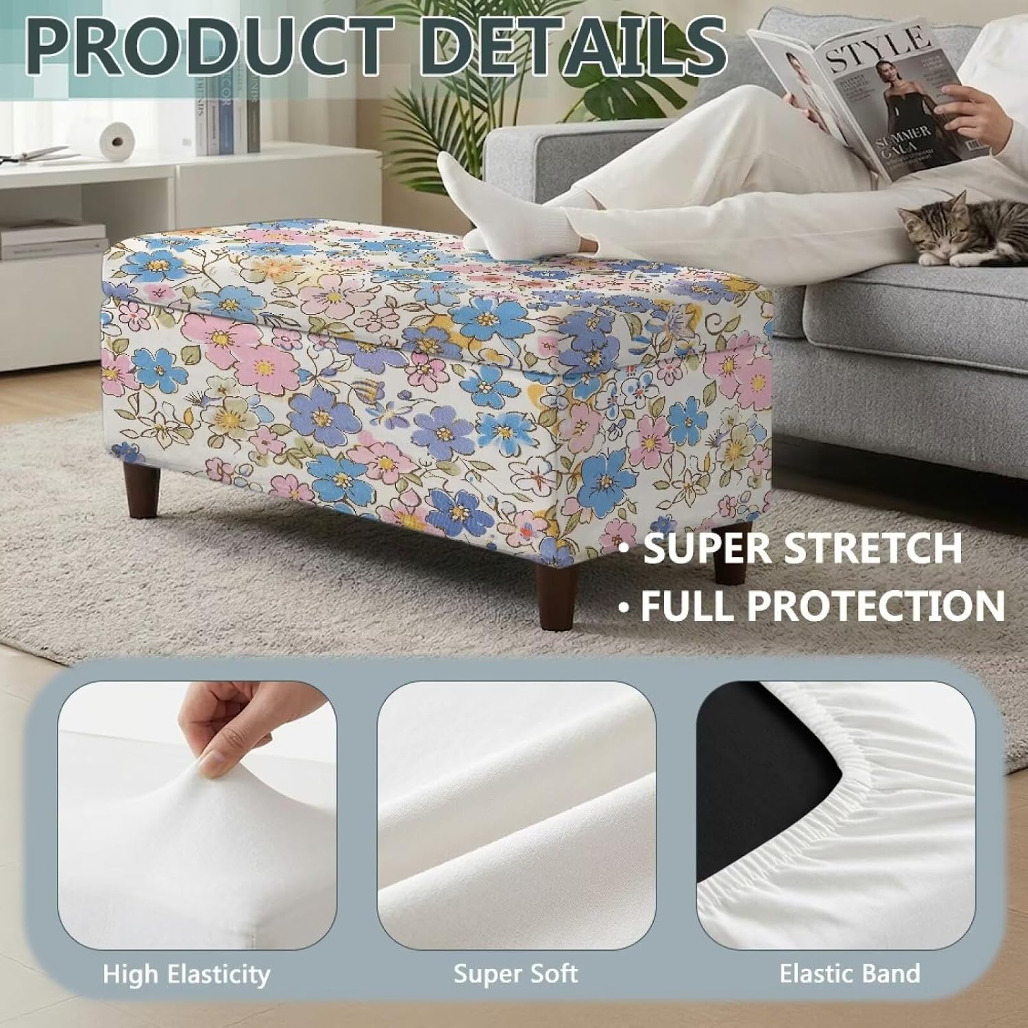 Colorful Cherry Blossom Pattern Folding Storage Ottoman Cover Rectangle, Stretch Jacquard Slipcover for Footstool Bench, Removable Washable Furniture Protector with Elastic Bottom, L