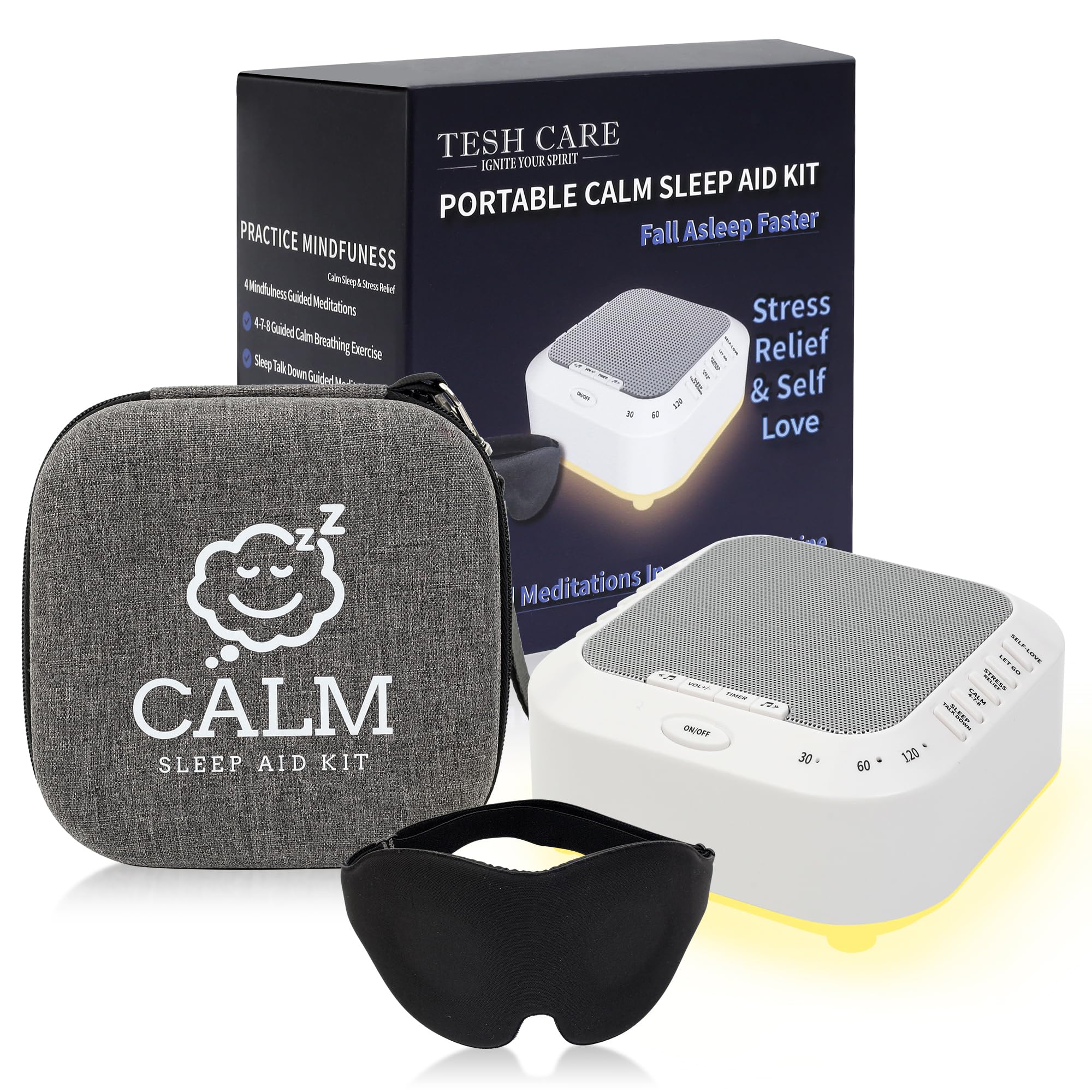 Portable White Noise Sound Machine kit with 9 Mindfulness Meditations for Beginners,Calm Sleep 3D Mask,Case,28 Nature Sounds, Meditation for Stress Relief,Self Care,Money,Positivity,Adult,Kids