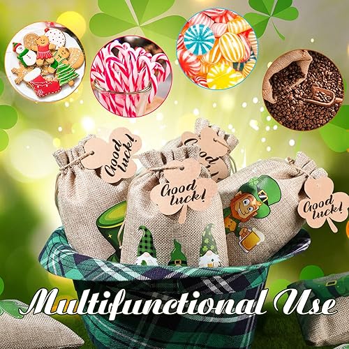 Miniatura 4 de Shappy 24 juegos de bolsas de regalo del día de San Patricio, bolsas de arpillera de arpillera verde para fiesta, bolsas de dulces, trébol irlandés,