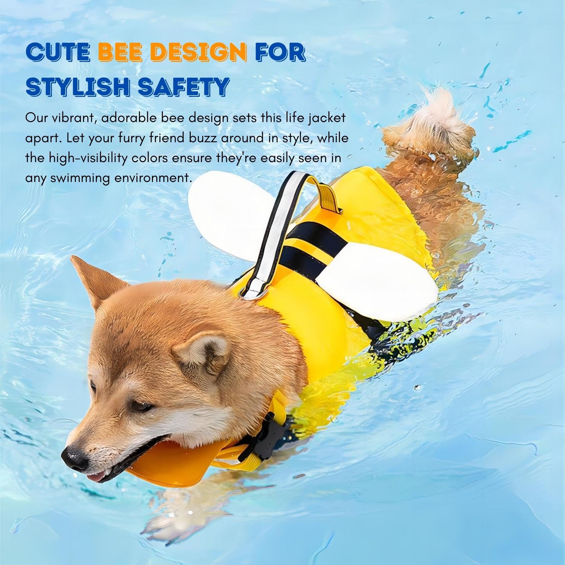 Gilet de sauvetage pour chien avec motif abeille mignonne, soutien supplémentaire du menton, accents réfléchissants et poignée de sauvetage solide avec attache de laisse de sécurité
