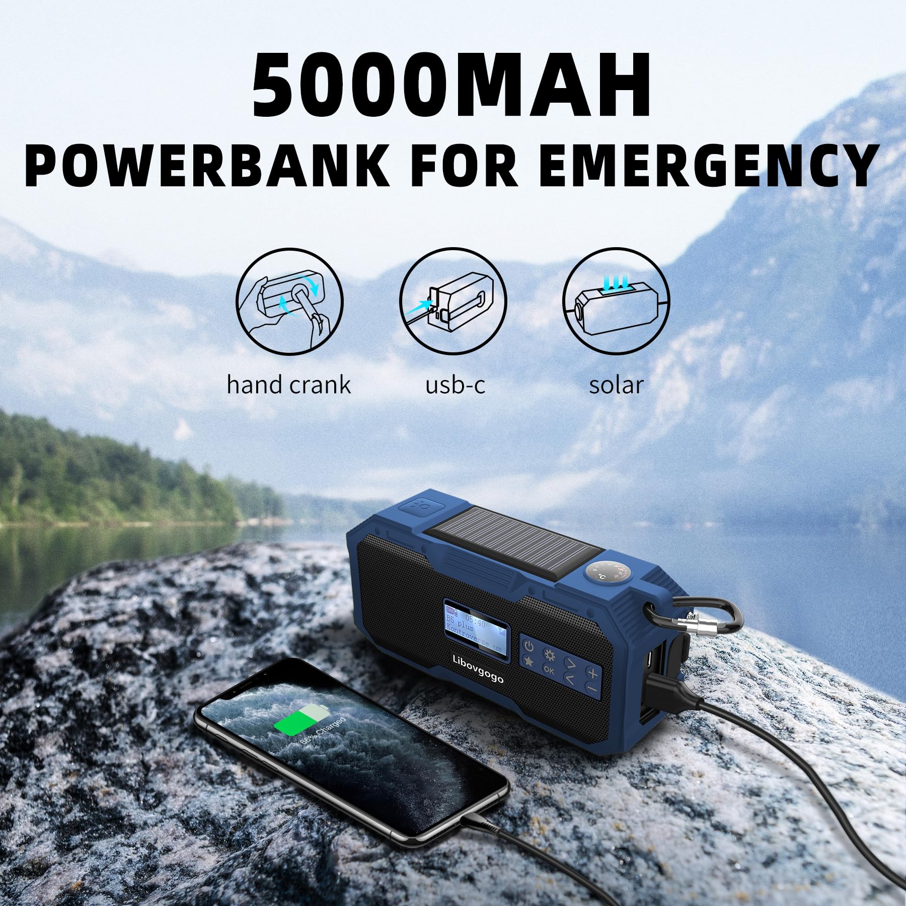 Libovgogo DF-587D Radio portátil DAB+ FM con altavoz Bluetooth impermeable, radio de manivela con función de carga de teléfono solar, batería externa de 5000 mAh, linterna, luz estroboscópica, SOS