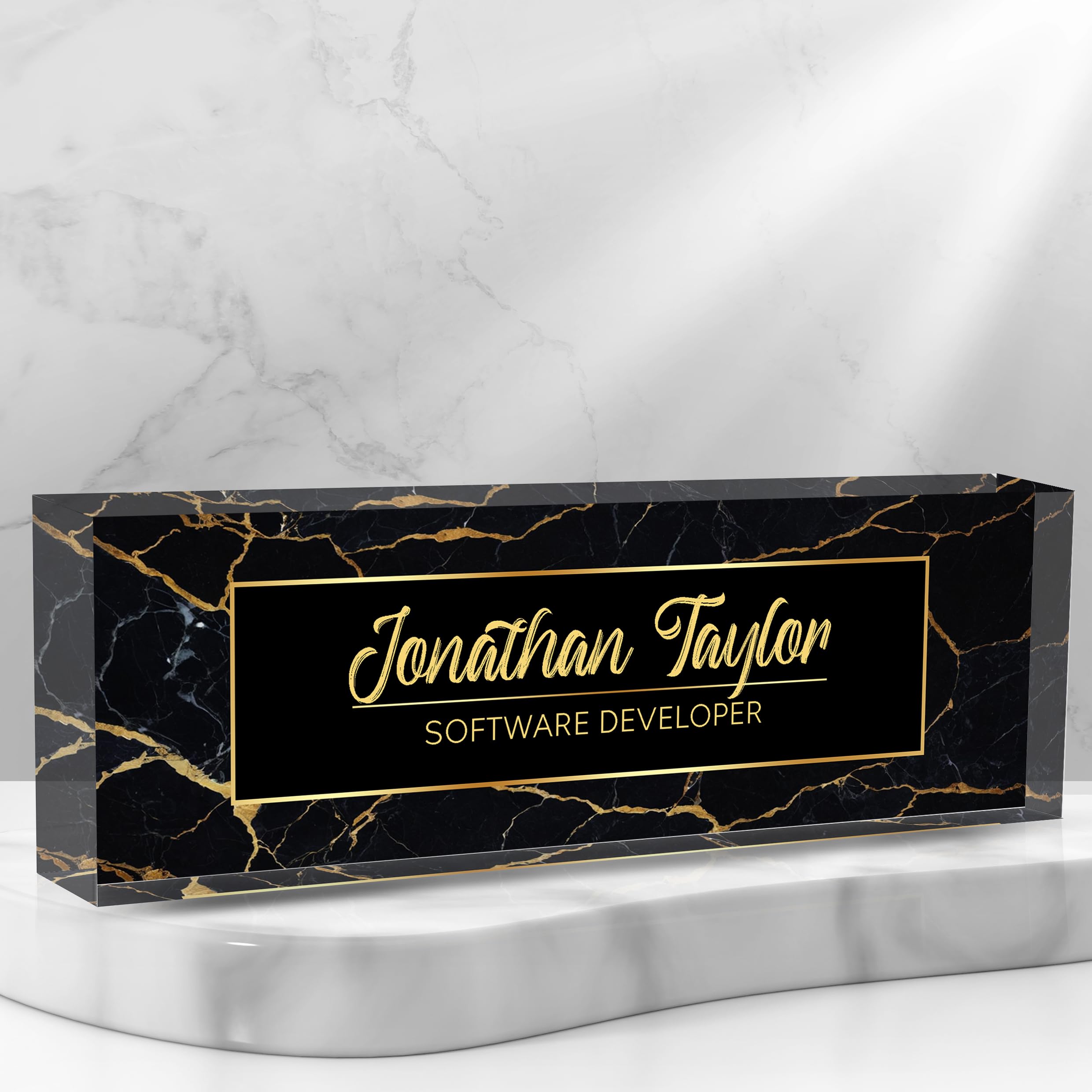 Custom Desk Name Plate Personalized, Acrylic Name Plate for Desk, Office Desk Decor for Women and Men, Employee Appreciation Gifts Office Gifts for Boss, Manager, Teacher, Nurse (Black Gold Marble)