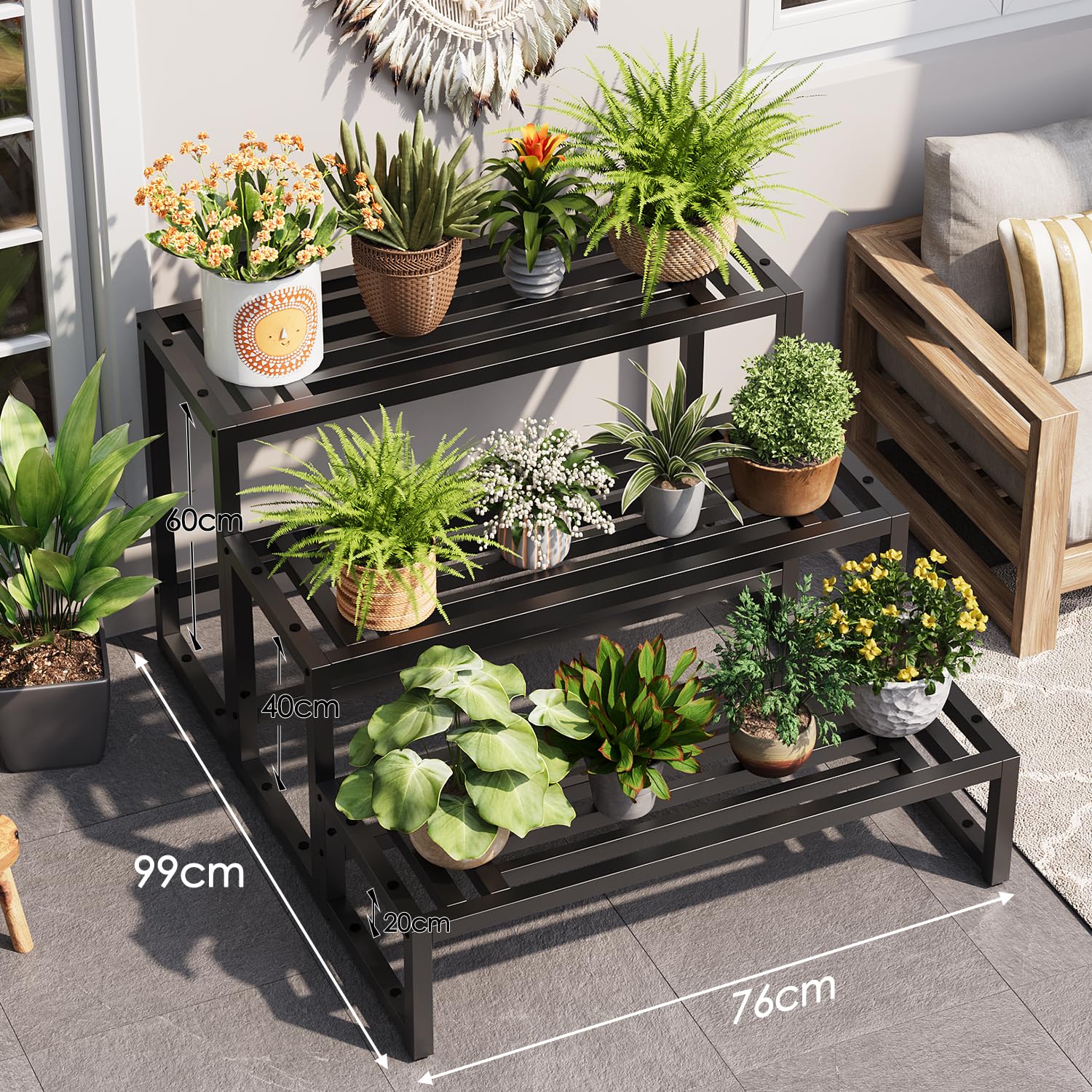 Pflanzenständer Indoor Outdoor,3 Etagen Metall Blumenstände Schwarz Rostfest Blumenhocker,Pflanzenregal für Wohnzimmer Terrasse Zuhause,Garten,Balkon,Büro,Wohnzimmer