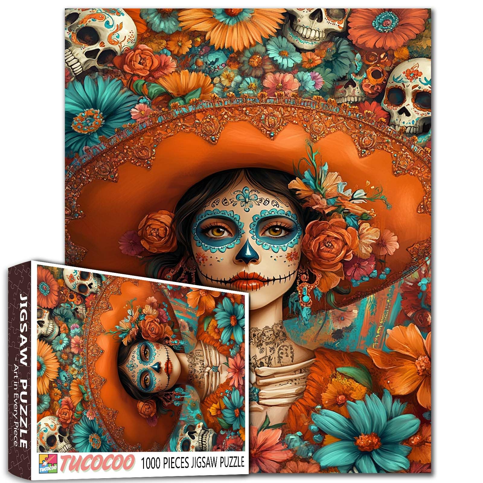 Beautiful Woman Sugar Skull Makeup 1000 Pieces Jigsaw Puzzle for Adults Students Colorful Flowers Skulls Background 20ร27 Inches Day of The Dead Inspired Fun Relaxing Home Decor Gift โ image 1