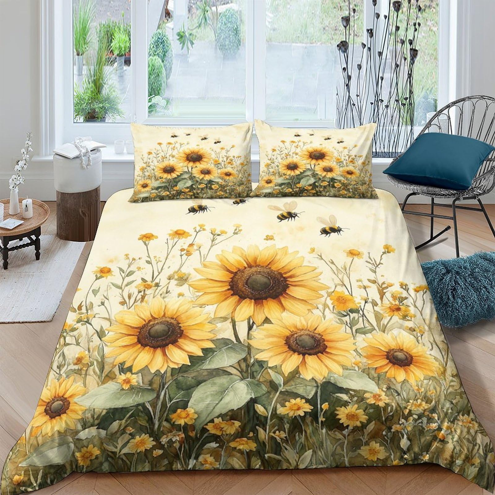 Ctjqhvkz Style-8 3D Printed Sunflower Meadow Fitted Sheet Microfiber Soft Yellow Floral Bed Cover For Bedroom Guestroom Decor Protection Single（135X200cm）