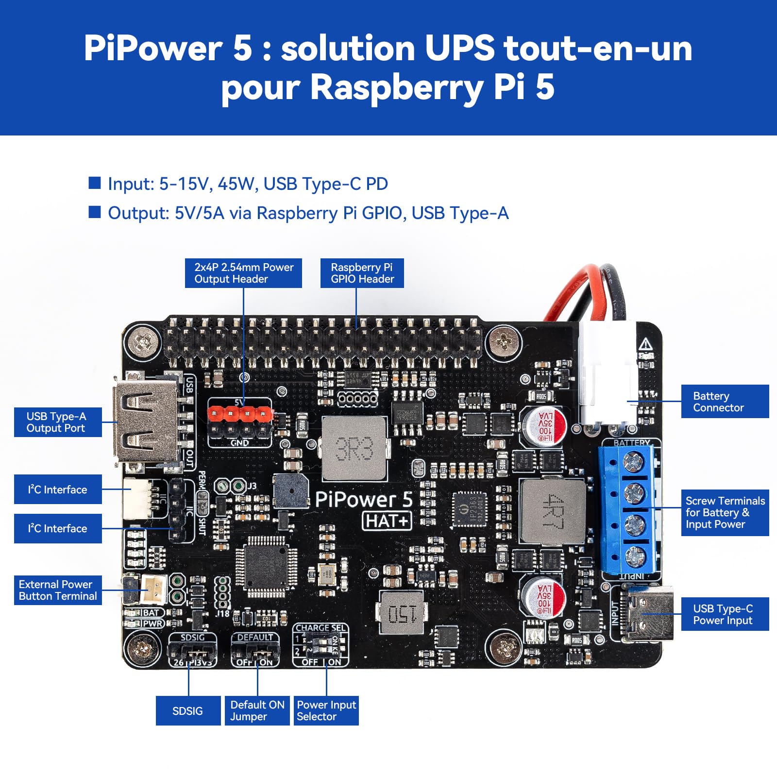 PiPower 5 UPS Hat pour Raspberry Pi 5/4B/3B+/Zero 2 W, Alimentation 5V/5A avec Batterie de Secours, arrêt sécurisé, alertes intelligentes, USB-C PD 45W pour NAS, Serveur et Home Assistant