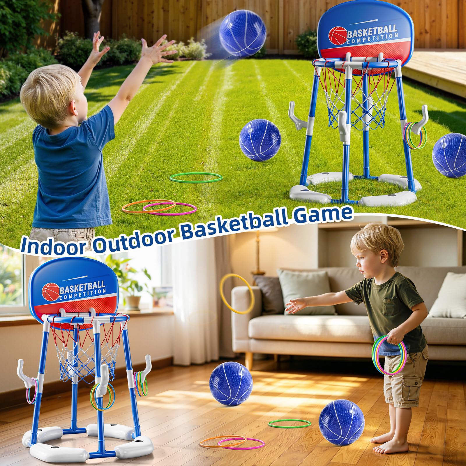 NIPLOOOW 2-in-1 Pool-Basketballkorb, schwimmendes Pool-Spielzeug mit 4 Bällen und 12 Ringwurfspiel für Kinder im Alter von 4–8 8–12 Jahren, Outdoor-Schwimmen, Wasser-Basketball für Pool, Familienparty
