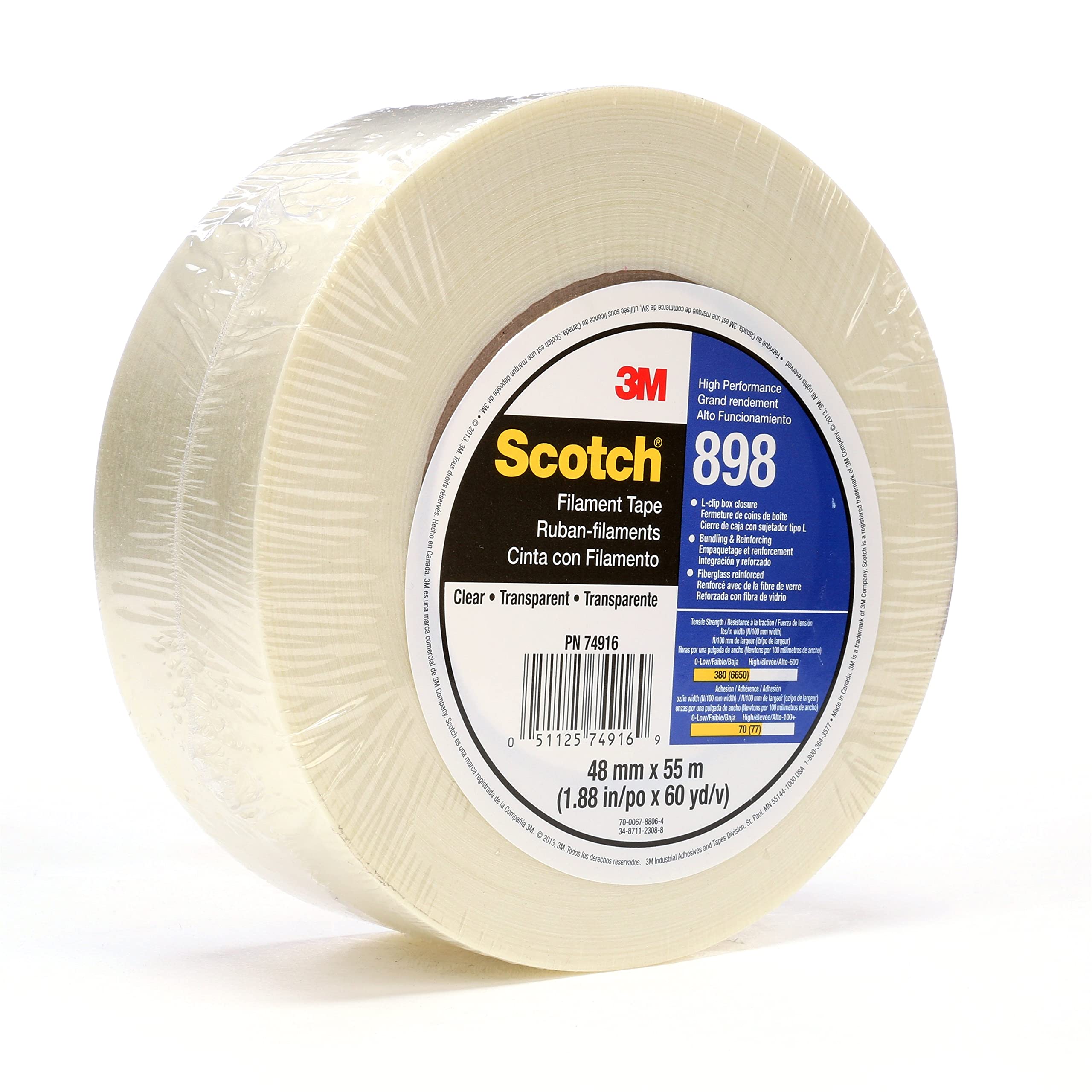Scotch Filament Tape 898, Clear, 48 mm x 55 m, 6.6 mil