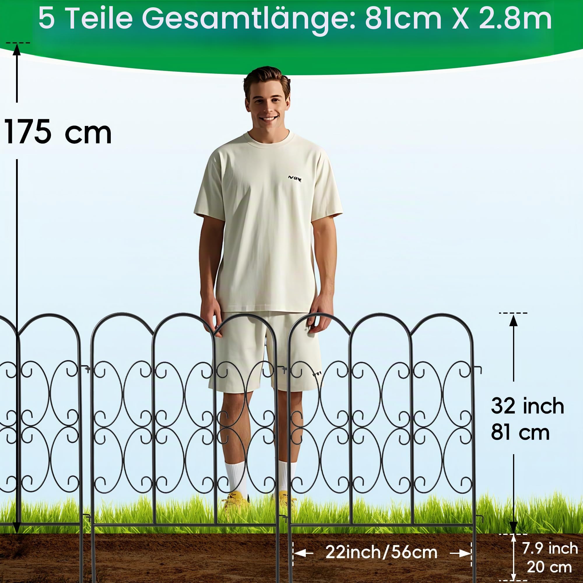 ARIFARO Metall Gartenzaun 81cm H x 56cm B, 5 Paneles, Steckzaun ohne Graben, Dekorative Tierzaun für Hunde, Gartenzaun für die Terrasse, Gesamtlänge 2,8m, Schwarz