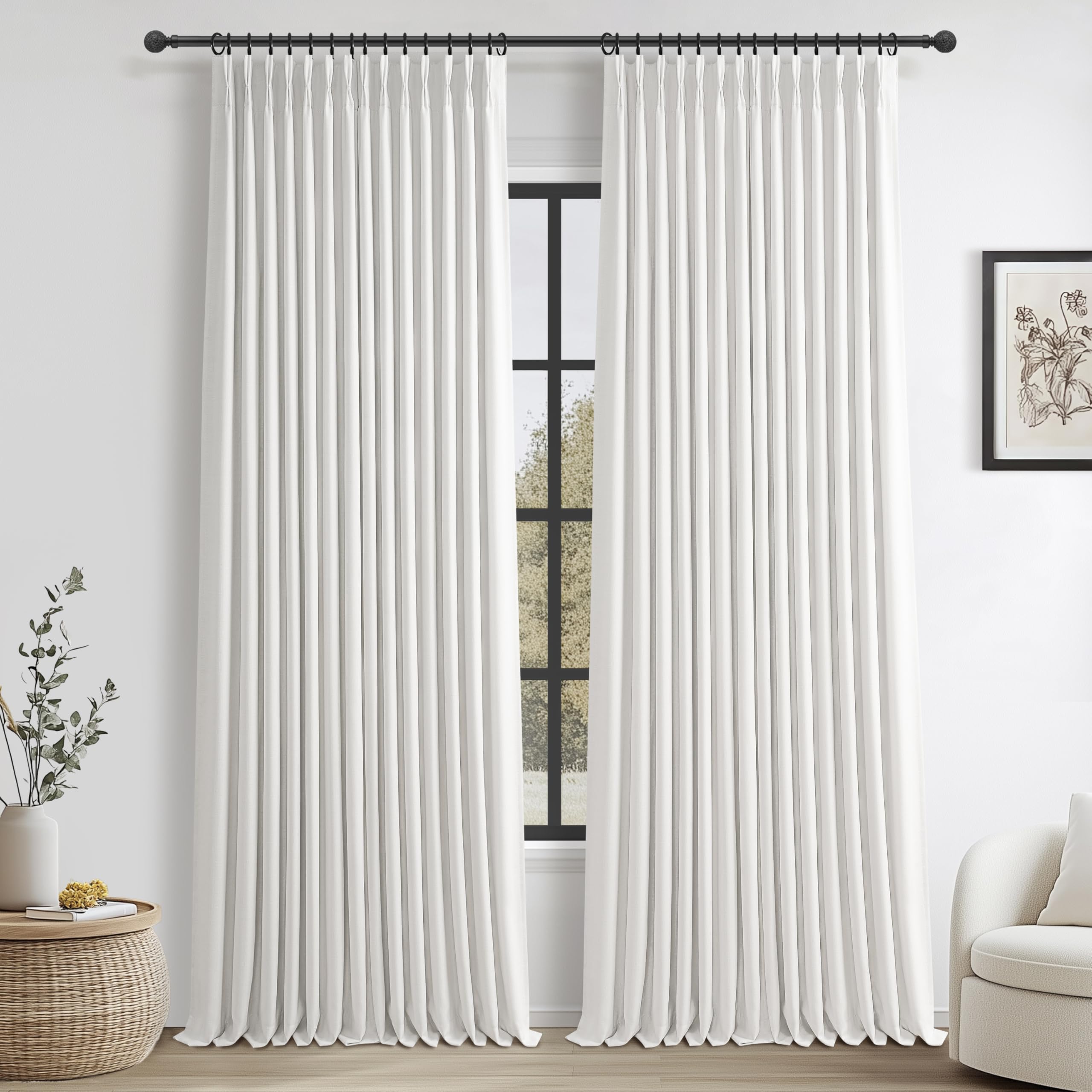 Pinch Pleated Extra Long Blackout 132 Inch Curtains for Sliding Glass Doors, Pure White Memory Shape Dual Layer Linen Light Blocking Floor to Ceiling Aesthetic Windows Drapes 2 Panels Set 11FT Length — image 1