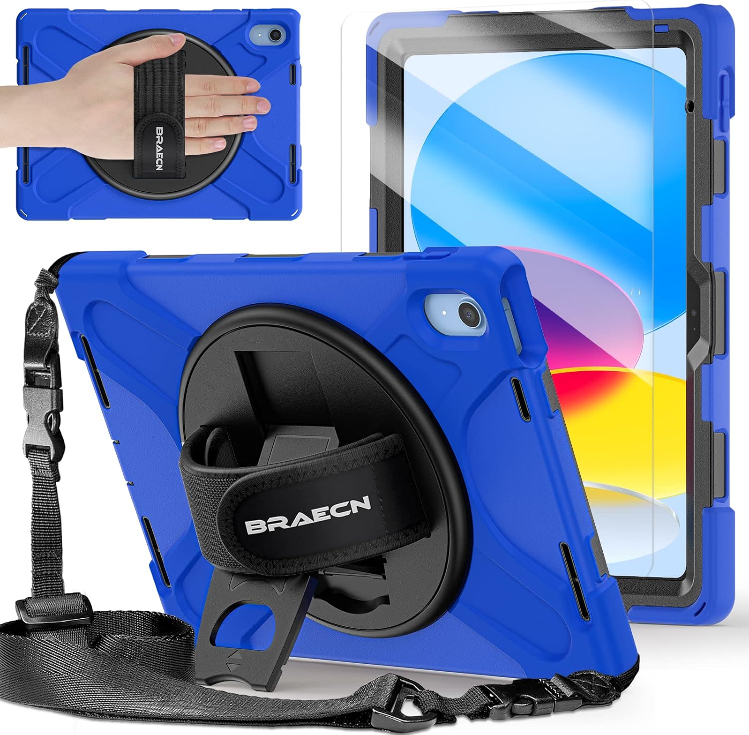 BRAECNstock for Apple iPad (A16) 11th/10th Generation Case 11"/10.9" 2025/2022, Shockproof Protective Case with Screen Protector, Pencil Holder, 360 Rotating Stand&Hand Strap, Shoulder Strap, Blue
