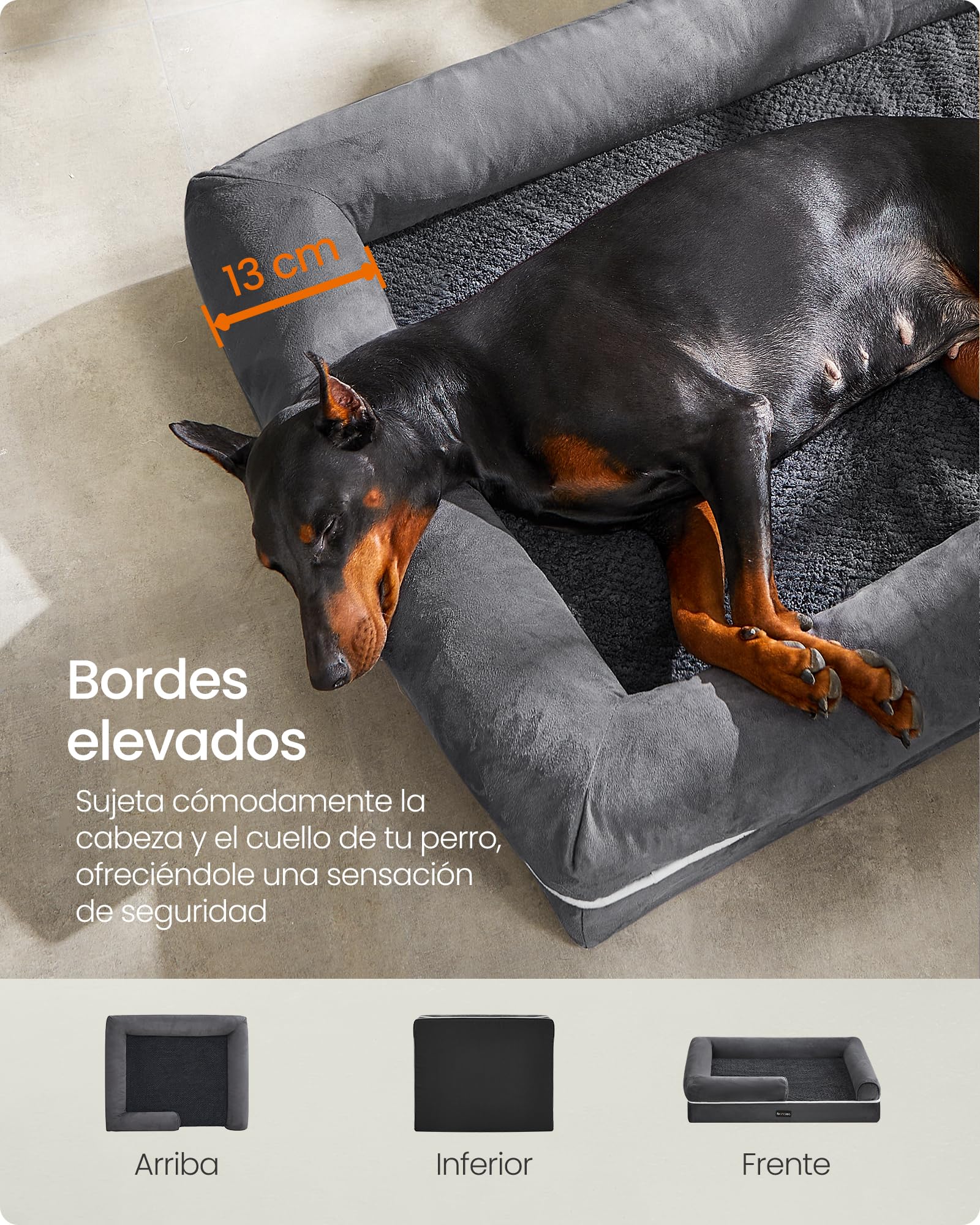 Feandrea Cama Ortopédica para Perros, Sofá, Cama para Mascotas, Acolchado Suave, Bordes Elevados, Funda Extraíble y Lavable, 122 x 85 x 20 cm, Antideslizante, Gris Osucro PGW078G01