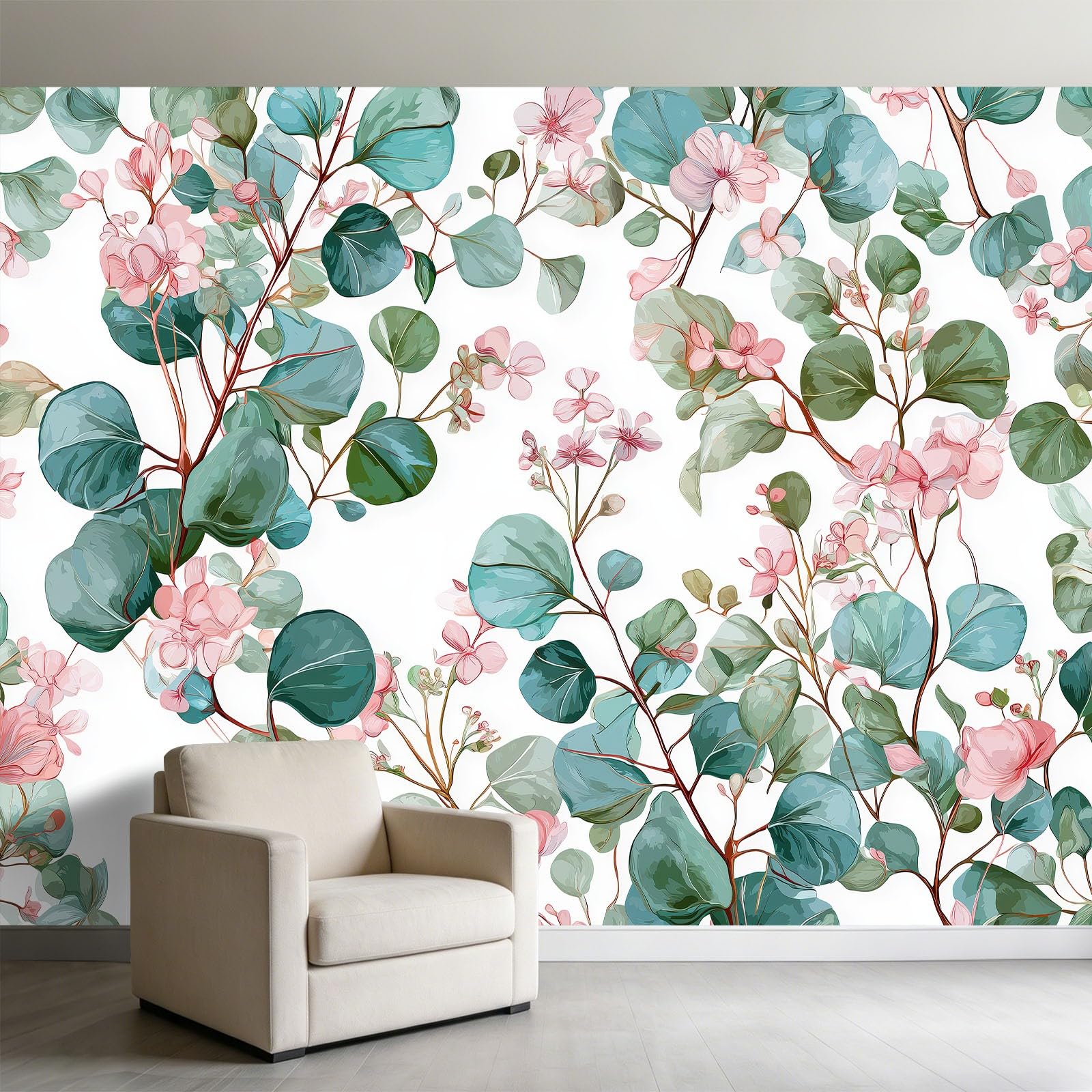 350 x 256 cm, fototapeta z włókniny, styl wiejski, z liśćmi eukaliptusa i kwiatami, tapeta fotograficzna, do salonu, sypialni, tapeta na flizelinie, tapeta ścienna, efekt 3D, zielona