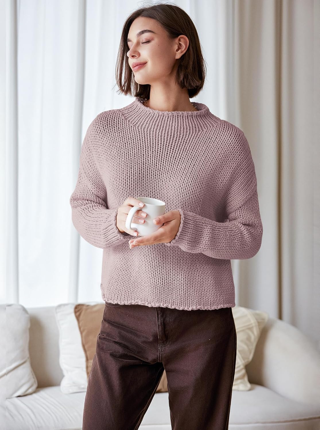 Panadila Womens Mock Neck Cropped Sweater Oversized Chunky Knit Pullover Sweaters Fall Long Sleeve Sweater Tops - Image 4